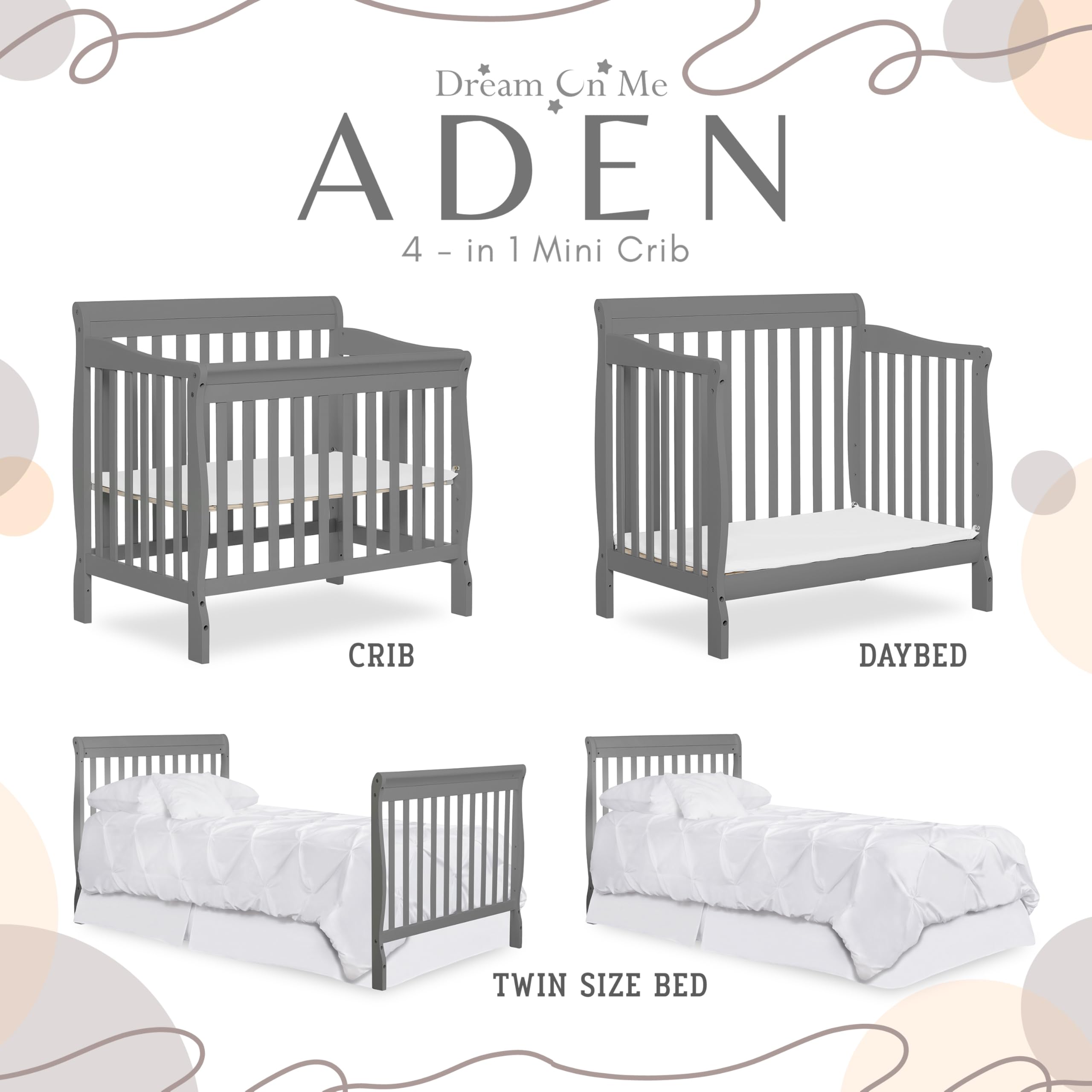 Dream On Me Aden 4-in-1 Convertible Mini Crib - Steel Grey | Greenguard Gold Certified | Non-Toxic New Zealand Pinewood | 3 Adjustable Mattress Heights | Perfect for Nursery, Small Spaces & Travel