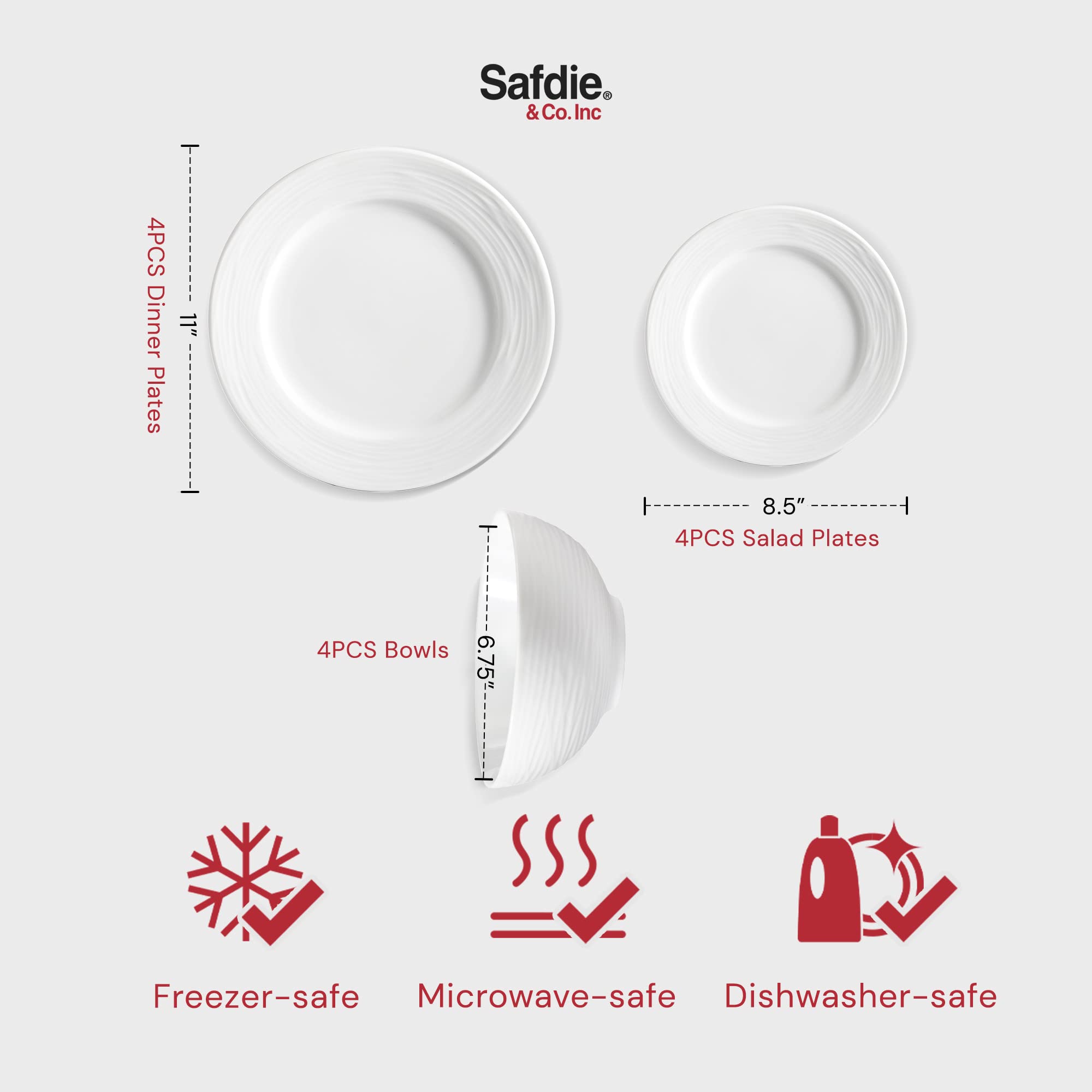 Safdie & Co. 12-Piece White Porcelain Dinnerware Set - 4 Dinner Plates, 4 Salad Plates & 4 Bowls - Dishwasher & Microwave Safe - Elegant Table Setting for Everyday Meals & Dinner Parties