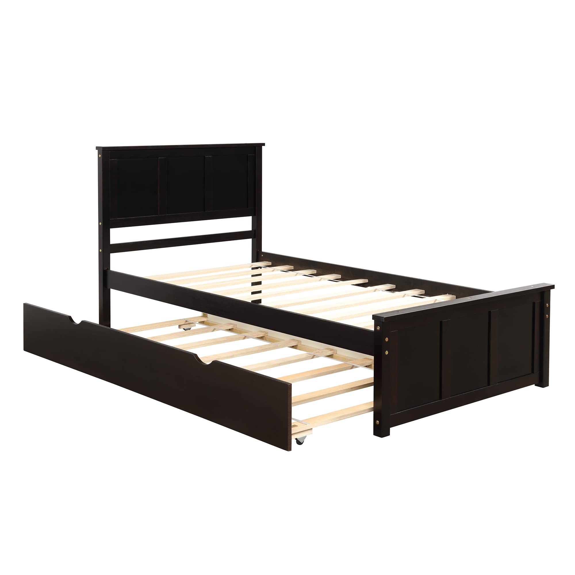 Minimalist Wooden Platform Bed Frame with Trundle - Twin Size, Easy Assembly, Retro Design in Espresso Finish - Perfect for Small Bedrooms, Guest Rooms & Kids' Rooms
