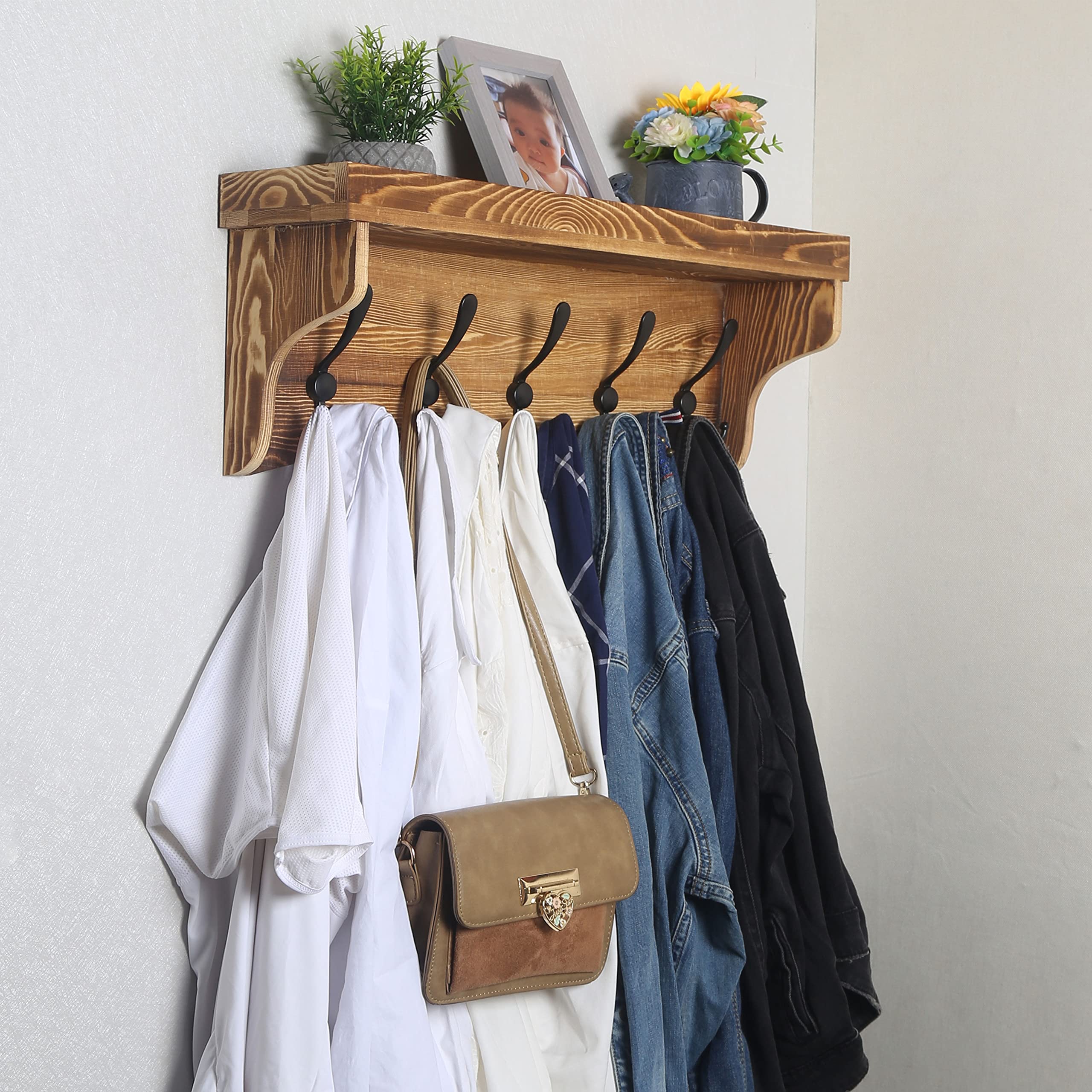WEBI 24'' Wall Shelf with 5 Hooks - Rustic Brown Coat Rack for Bathroom & Entryway