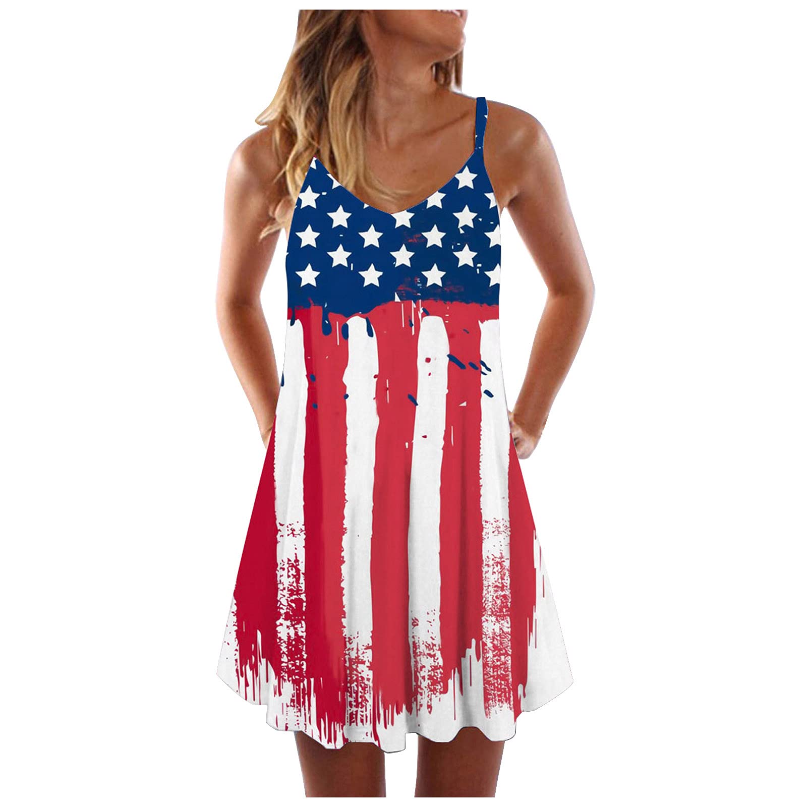 UIKMNH Women's Loose Fit Sundress with Side Slit - Trendy Sleeveless Cami Summer Dress for Independence Day & Casual Wear | Perfect for Beach, Picnic, and Summer Vacation