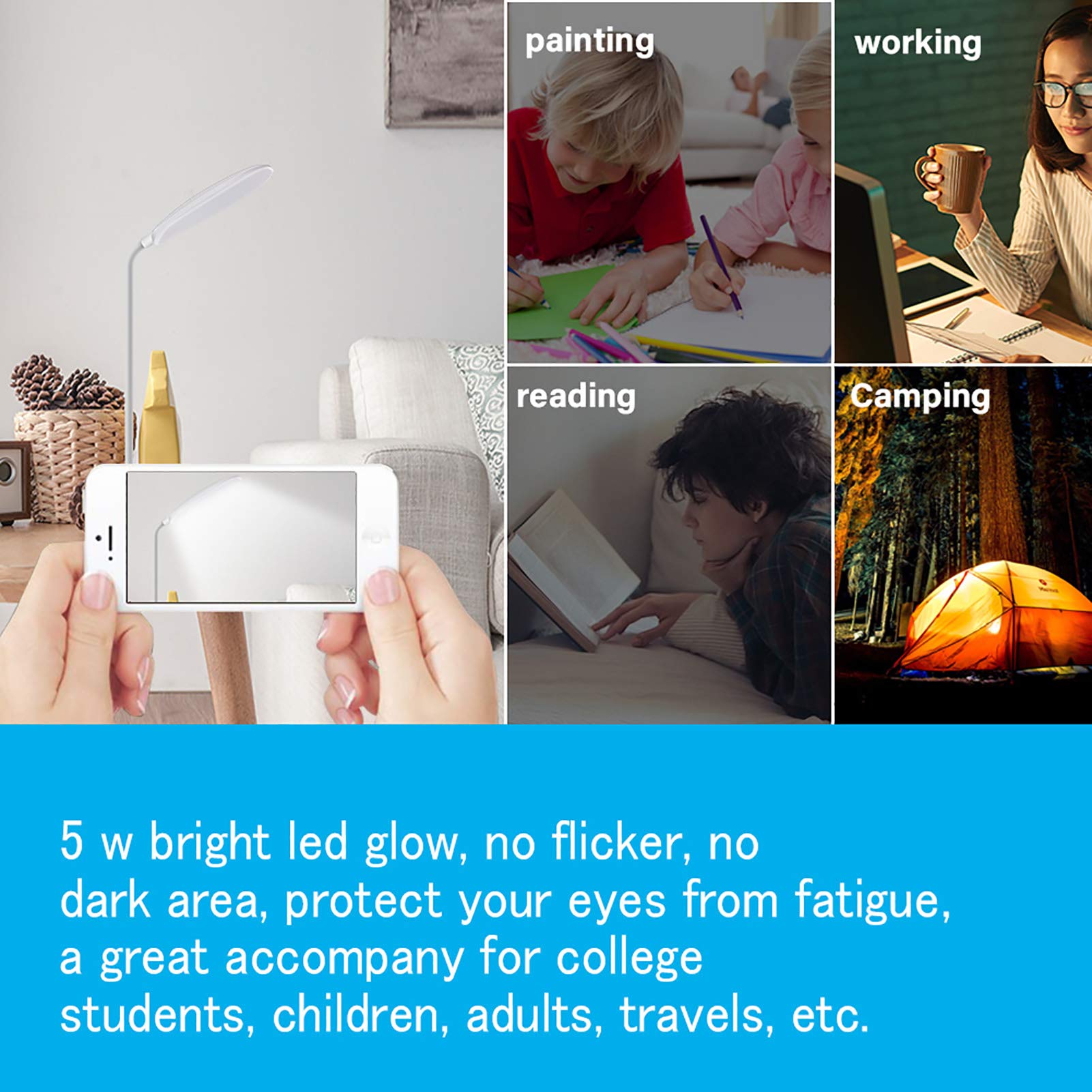 DEEPLITE LED Desk Lamp with Flexible Gooseneck - 3 Brightness Levels, 5W Touch Control, Battery Operated Portable Table Lamp for Study, Office, Dorm, Bedroom - Perfect for Reading, Working & Nightstand Use (Set of 2)