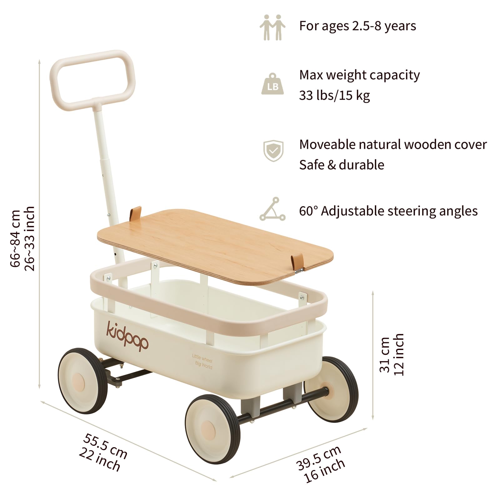 PULA-Wild 3-in-1 Kids Pull Along Wagon & Push Walker Toy for Toddlers Age 2.5-8 Years | Adjustable Handle & Removable Wooden Cover | 33 lbs Weight Capacity | Birthday Gift for Boys & Girls | Perfect for Indoor Play, Outdoor Walks & Park Adventures (White)
