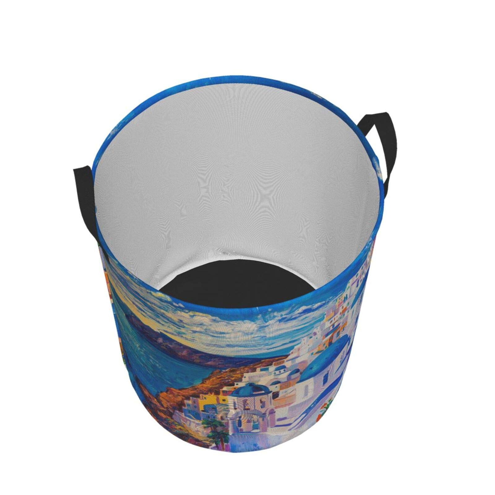 Beautiful Santorini Oil Painting Collapsible Laundry Basket with Handle - Waterproof Fabric Hamper for Clothes, Toys & Bathroom Storage - Large Organizer Bin for Dirty Laundry (Perfect for Home, Dorm & Travel Use)