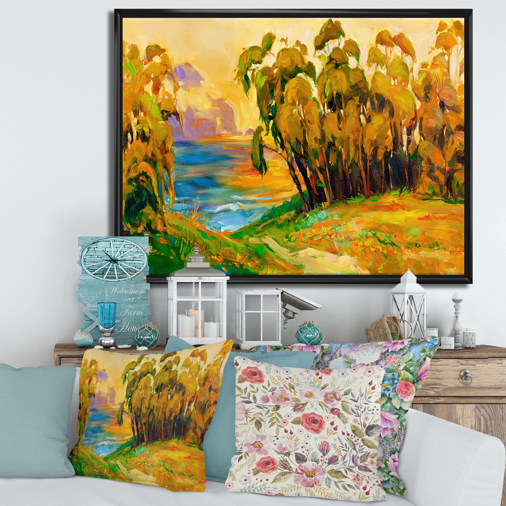 Traditional Framed Canvas Wall Art Print - Green Trees Riverside Evening Glow Landscape Painting - Perfect for Living Room, Bedroom & Office Decor