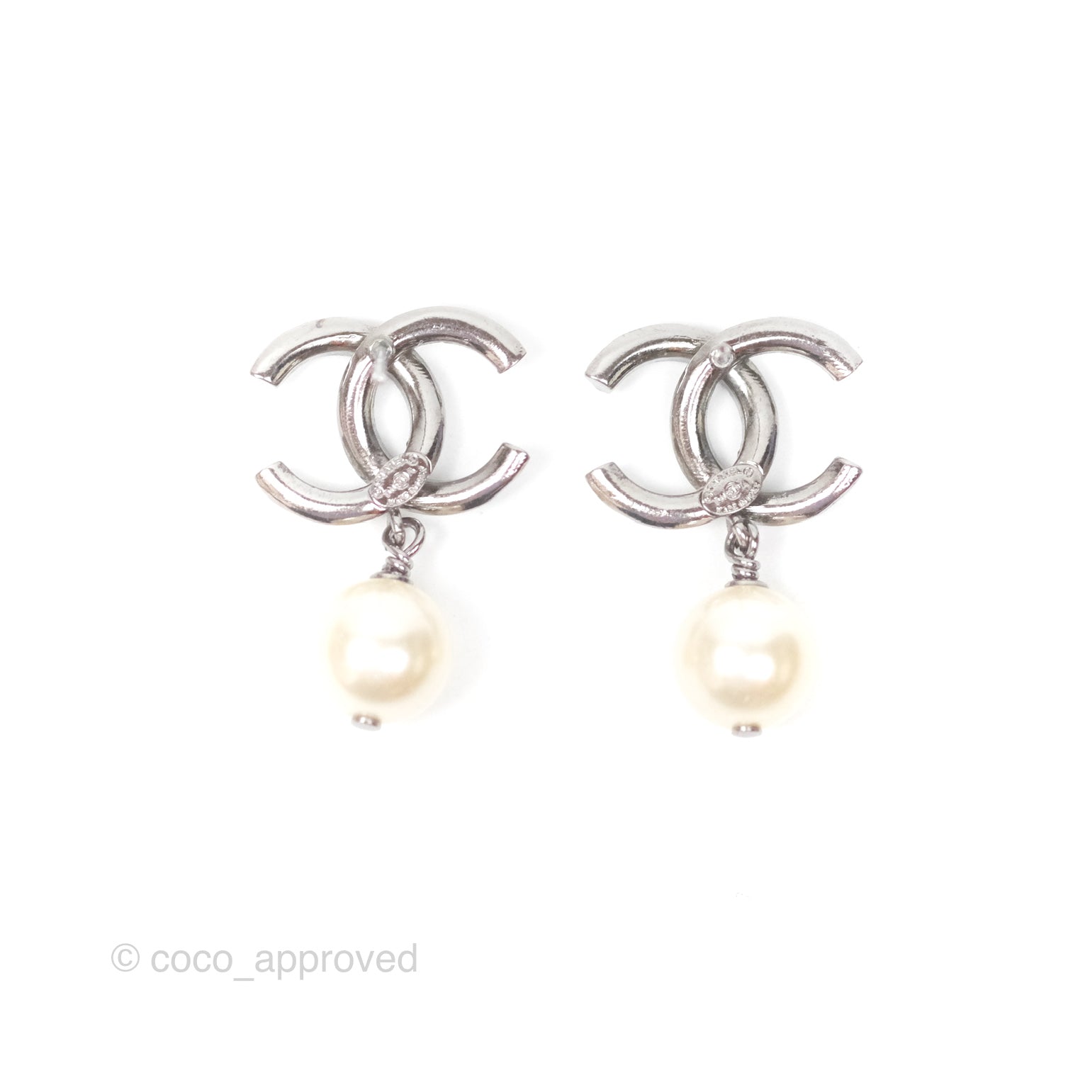 Chanel CC Pearl Drop Earrings in Gun Metal - Elegant Luxury Jewelry for Women | Perfect for Parties, Weddings & Special Occasions