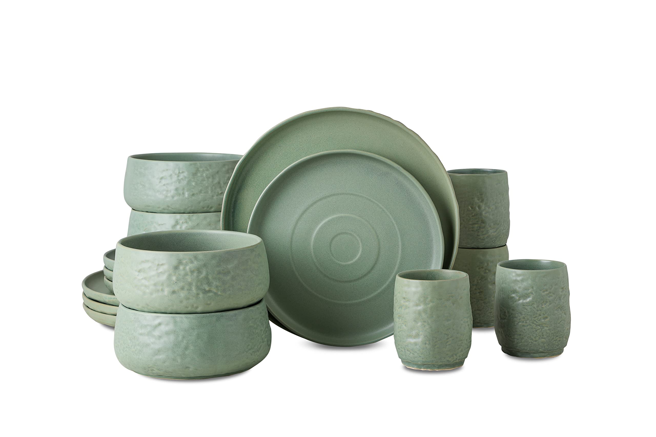 Mercer Project SHOSAI 16-Piece Stoneware Dinnerware Set - Modern Plates & Bowls Set for 4, Sage Green - Elegant Tableware for Everyday Dining, Dinner Parties & Home Decor