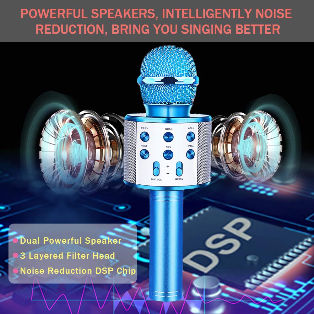 Wireless Bluetooth Karaoke Microphone with Echo Function, Portable Speaker for Kids Singing, Compatible with Android/iOS Smartphones (Blue) - Perfect for Home Parties, Travel Entertainment & Singing Practice