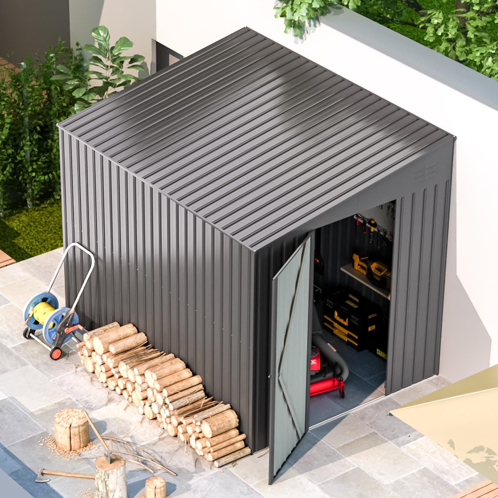 AECOJOY 6' x 8' Metal Storage Shed - Outdoor Lean-to Bike Shed, Garden Storage Cabinet for Backyard, Patio & Yard Organization | Weather-Resistant Dark Grey | Perfect for Storing Bikes, Tools & Outdoor Equipment
