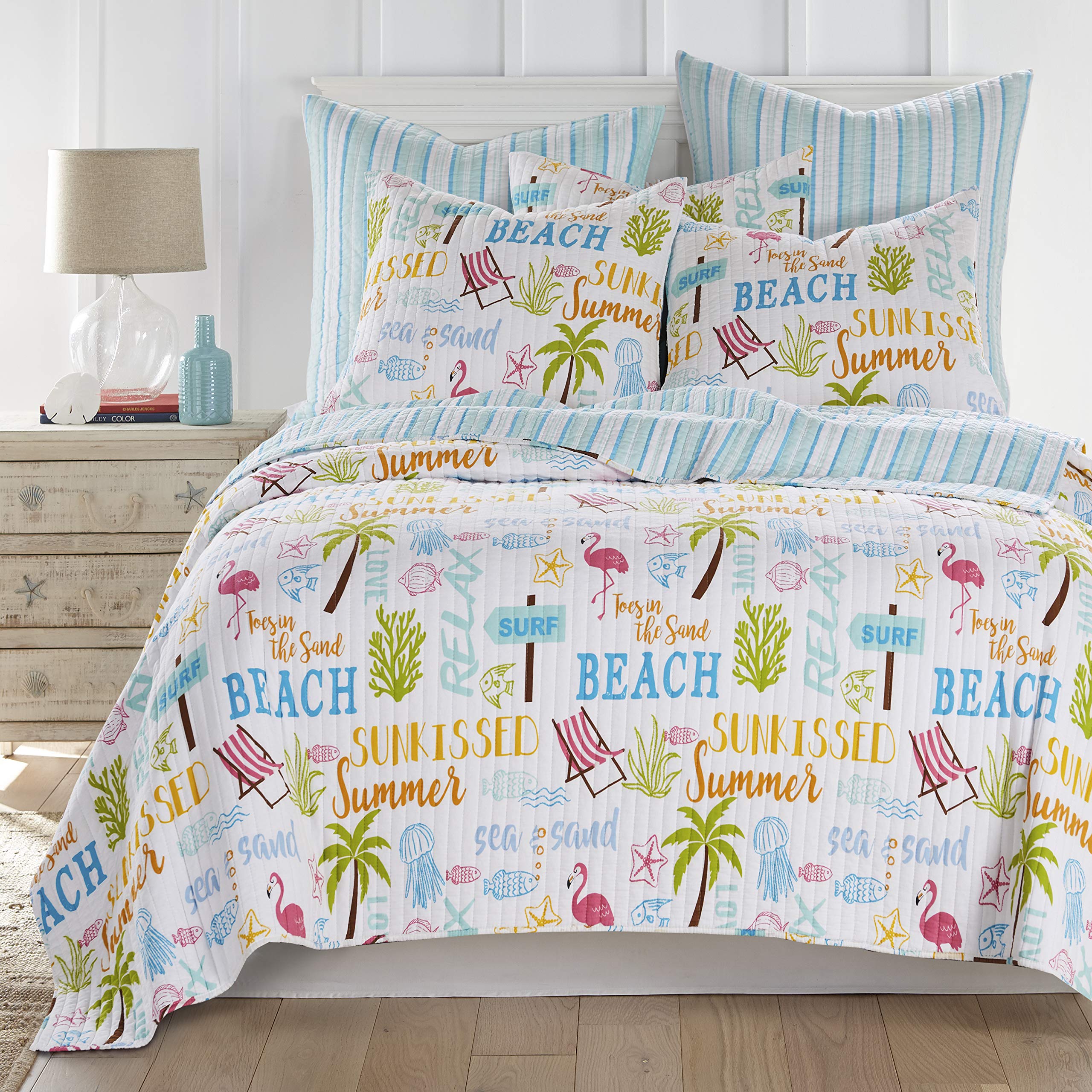 Levtex Home King Size Beach Days Quilt Set - 106x92 Inch Reversible Coastal Quilt with 2 Pillow Shams (36x20in) - Teal Blue, Yellow, Green, Brown & Pink Cotton Bedding - Perfect for Beach House, Coastal Decor & Summer Bedroom Styling