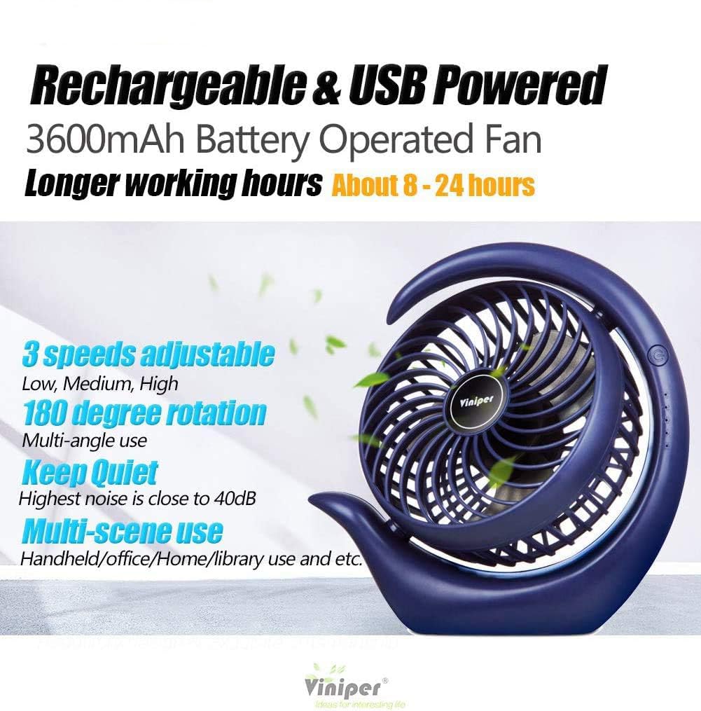Viniper 6.2 Inch Portable Rechargeable Desk Fan - 3 Speed Settings, 180° Rotation, Up to 24 Hours Runtime - Compact & Powerful Cooling for Office, Bedroom, Dorm, Travel (Blue with Light Black Blade)