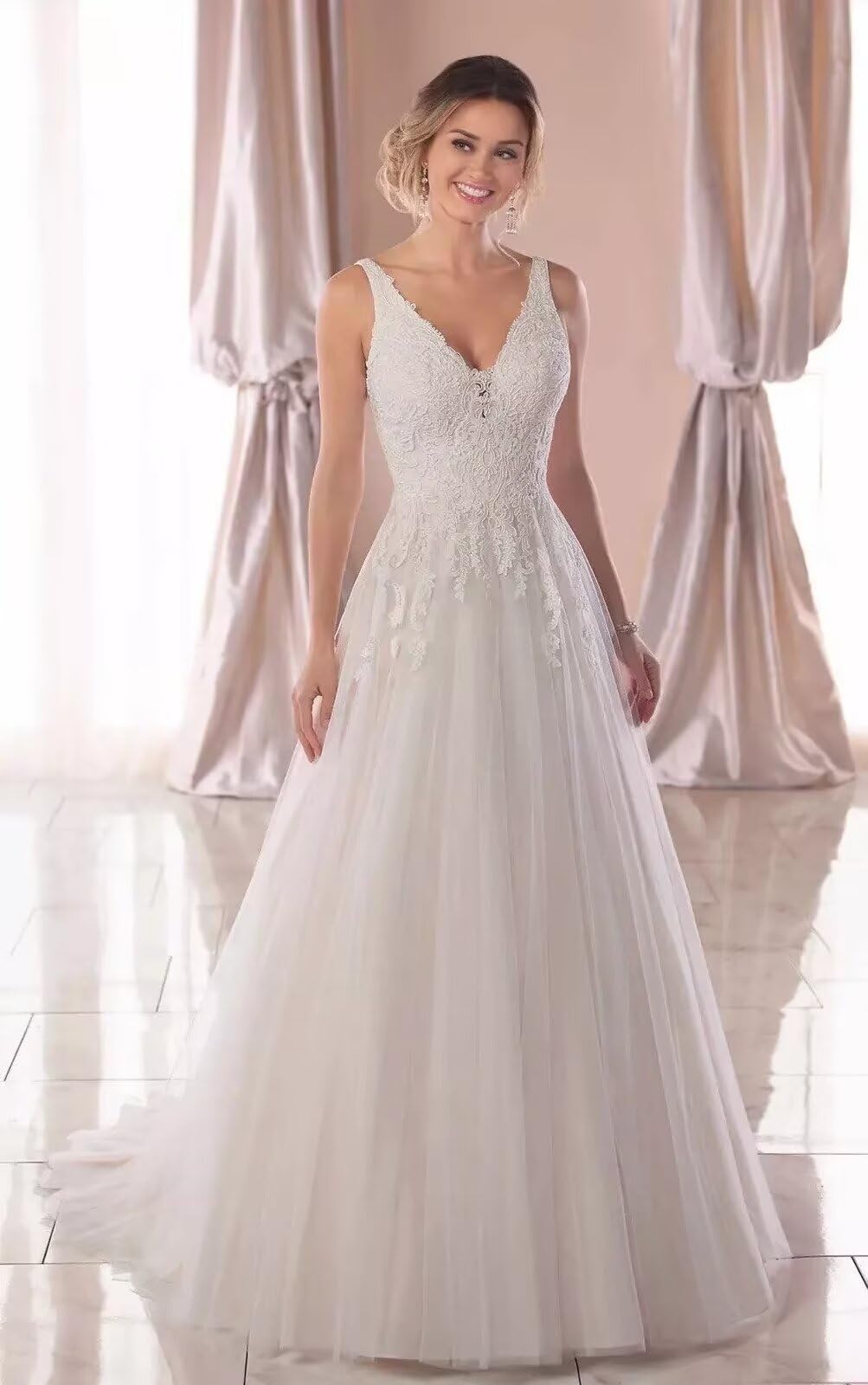 Elegant Dymaisei Women's V-Neck Boho Wedding Dress with Lace Applique - A-Line Ball Gown for Brides, Beach Weddings & Romantic Ceremonies