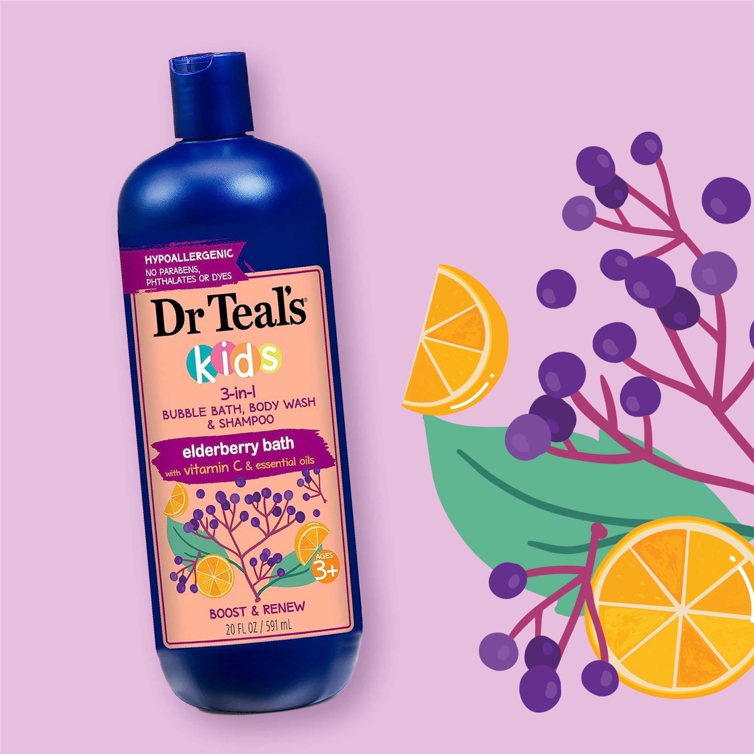 Dr Teal's Kids 3-in-1 Elderberry Bubble Bath, Body Wash & Shampoo with Gentle Epsom Salt - 20 fl oz & 2 lb Sleep Soak with Melatonin & Essential Oils (Pack of 3) | Relaxing Bedtime Bath for Kids, Calming Aromatherapy & Gentle Skin Care