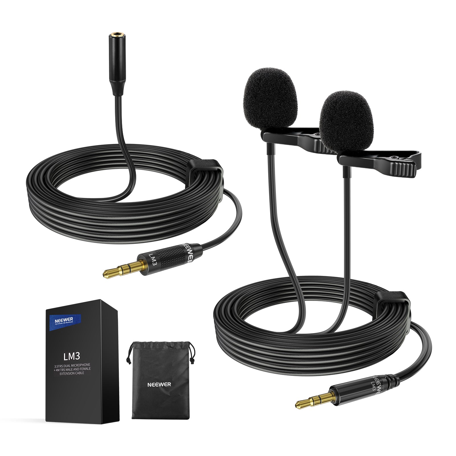 NEEWER LM3 Wired Dual Lavalier Microphones with 13ft 3.5mm TRS Extension Cable for Podcasting, Interviews, YouTube Videos & Live Streaming - Professional Clip-on Lapel Mic Set