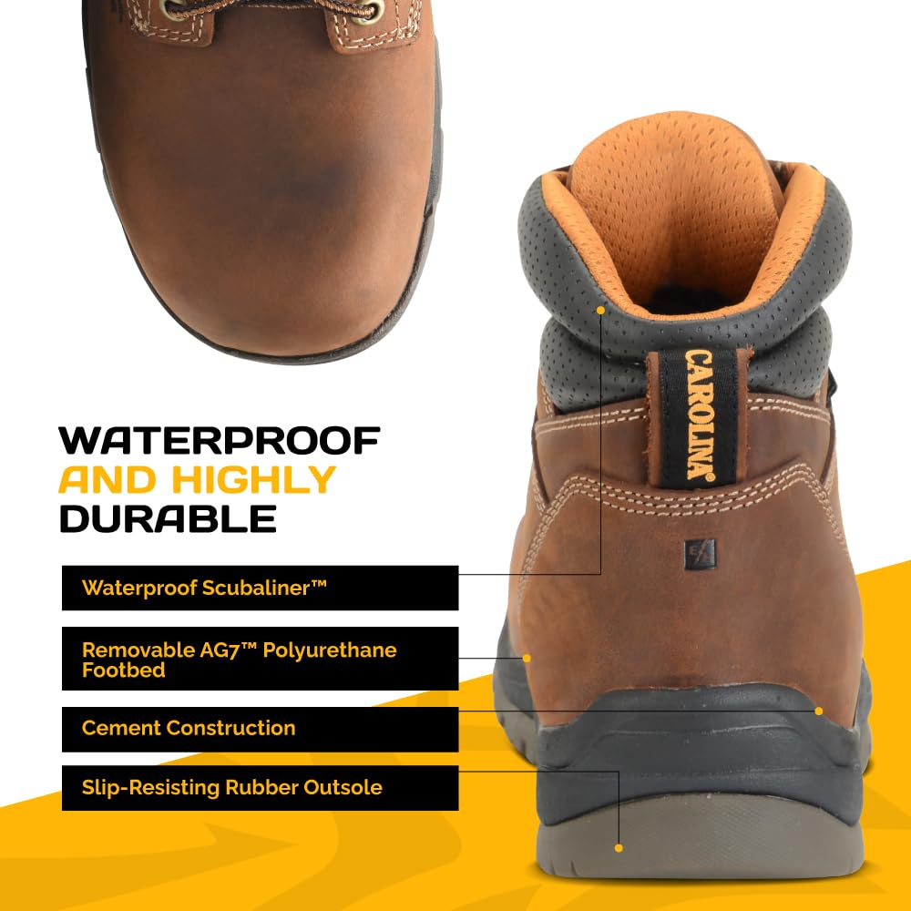 Carolina Bruno Lo 6 Inch Composite Toe Waterproof Work Boots for Men - Cushion Insole, AG7 Footbed, Oil & Slip Resistant Rubber Outsole, EH Rated Safety Shoes | Ideal for Construction, Warehouse & Outdoor Work