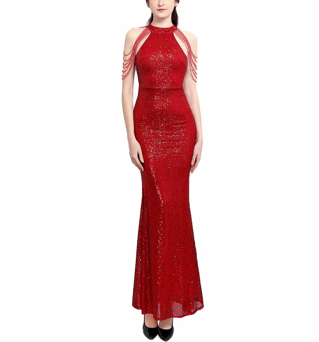 Mordarli 2023 Sequin Tassel Halter Bodycon Maxi Dress for Women - Elegant Mermaid Evening Gown, Long Formal Prom Dress for Parties, Weddings & Special Occasions