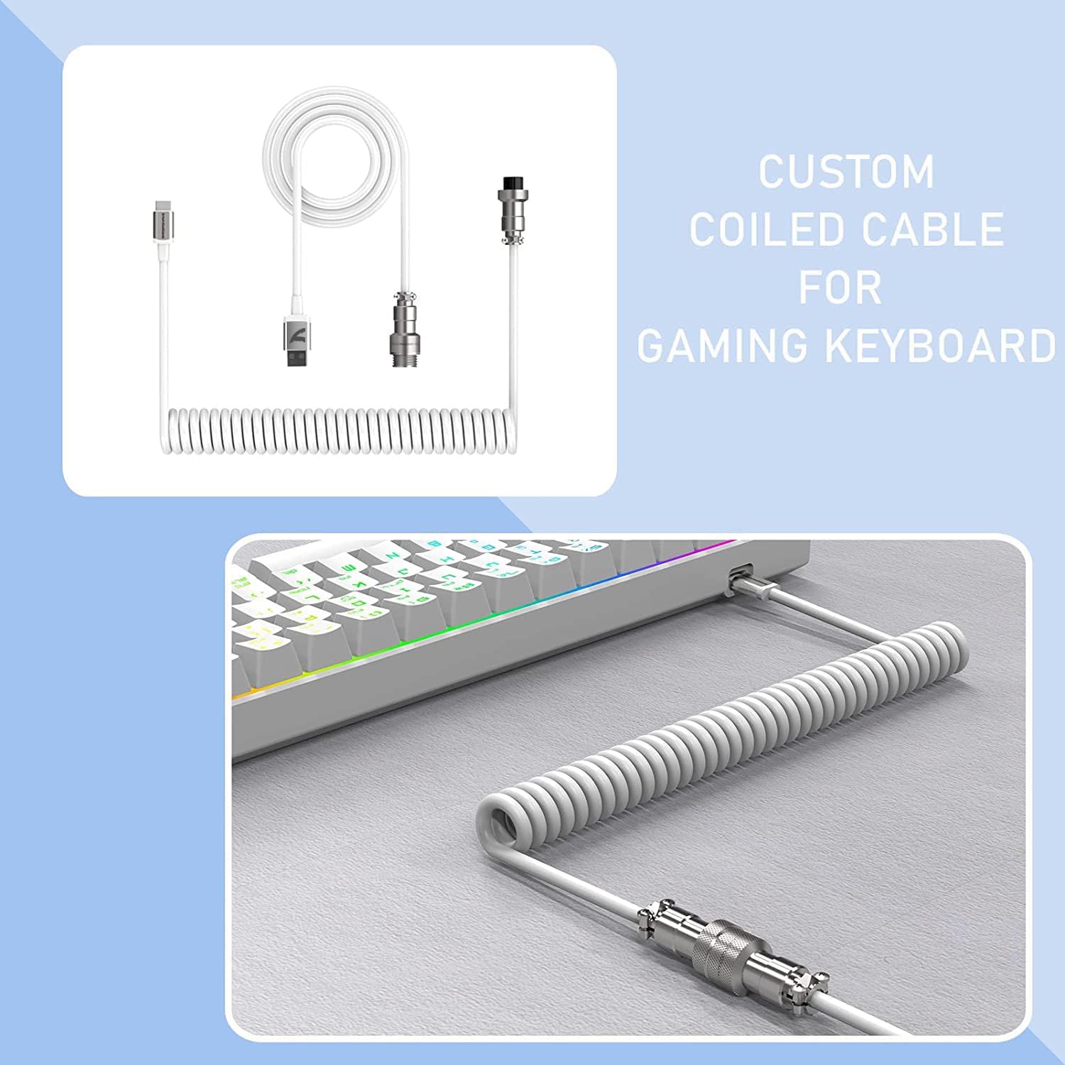 Premium Coiled USB C Cable for Gaming & Mechanical Keyboards - Double-Sleeved Aviator Detachable 2-in-1 USB C to A/C Cable - Compatible with Custom Keyboards, Printers, Phones, iPads & Xbox (White) - Perfect for Esports, Office Work & Home Entertainment Setup