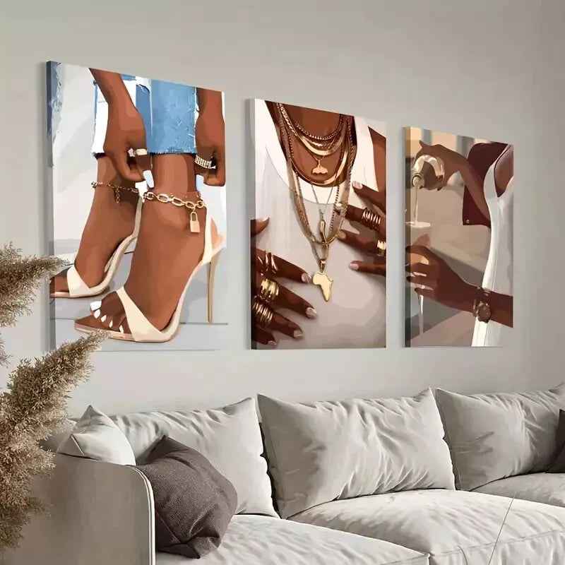 3pcs Fashionable Black Women With Heel Rings Wall Art Set - 50x70cm Framed Canvas Prints - High Quality Australian Made Wall Decor - Perfect for Living Room, Bedroom & Office Decoration