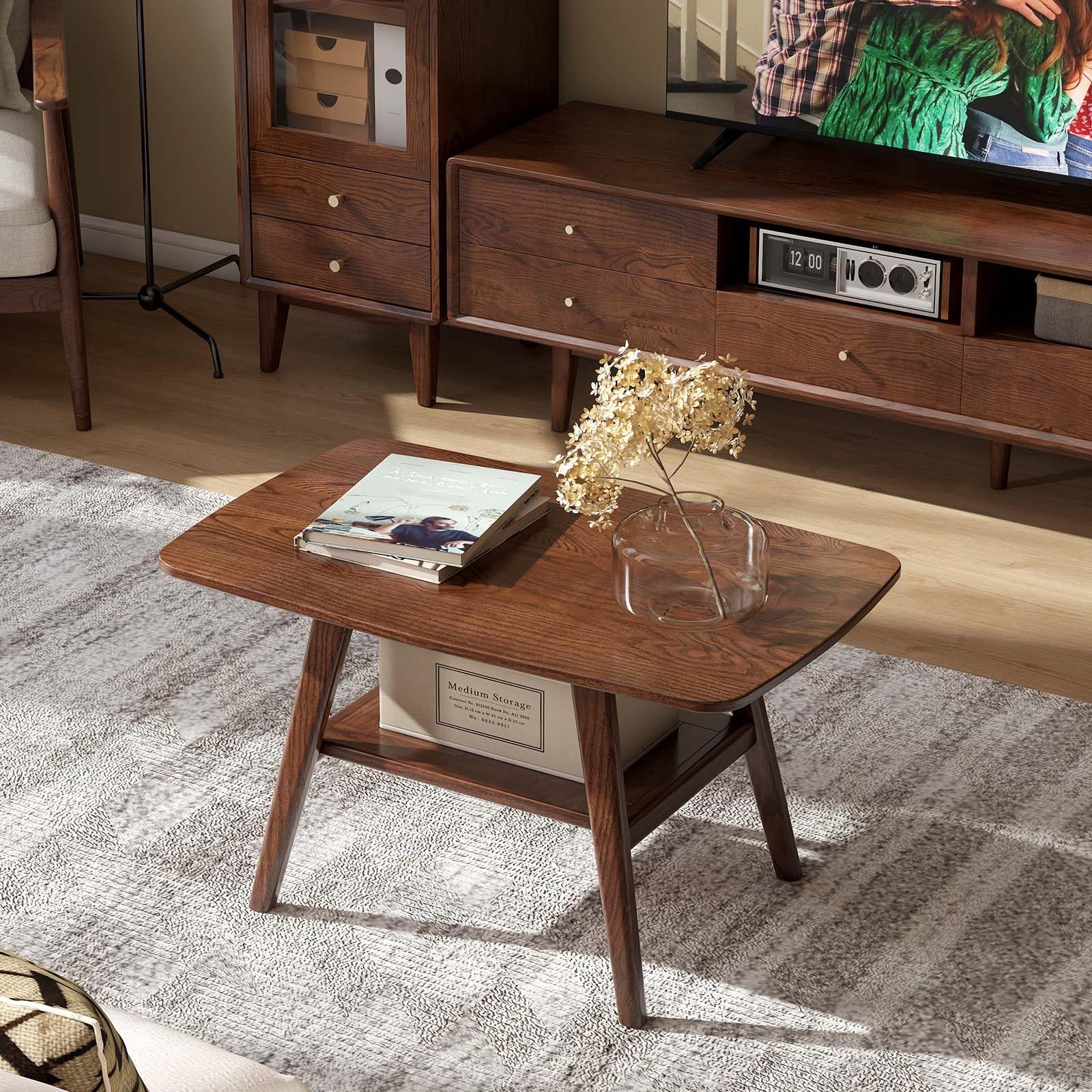 Solid Oak Wood Coffee Table - Mid Century Modern Design with Shelf Storage, Rounded Corners (31.5