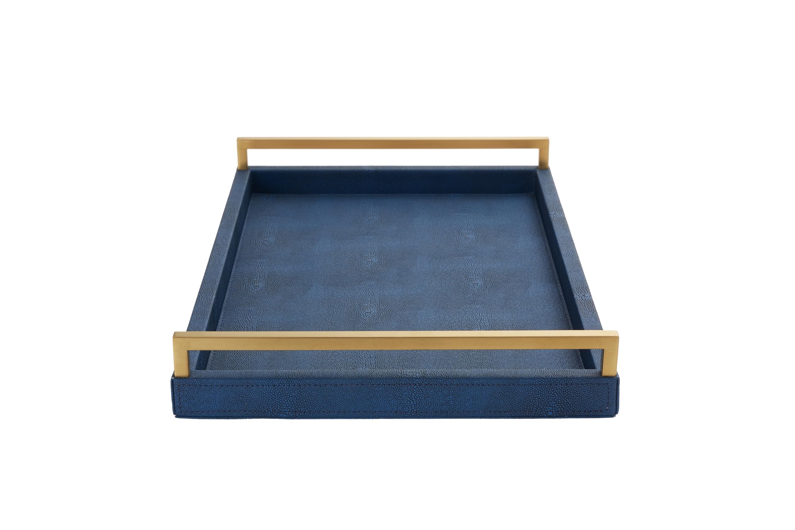 Luxury Navy Blue Shagreen Leather Ottoman Tray with Gold Handles - Large Decorative Serving Tray for Coffee Table, Dining, Bar, Party & Kitchen Island - Perfect for Entertaining, Bathroom Vanity Decor & Home Organization (Blue)
