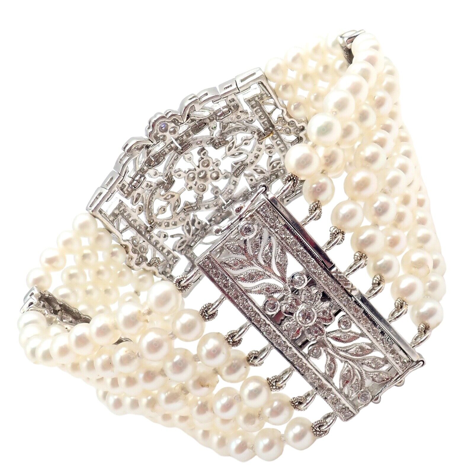 Vintage 18k White Gold Diamond & Pearl Bracelet - 7 Rows 4.5mm Pearls, Elegant Estate Jewelry for Women - Perfect for Weddings, Anniversaries & Special Occasions