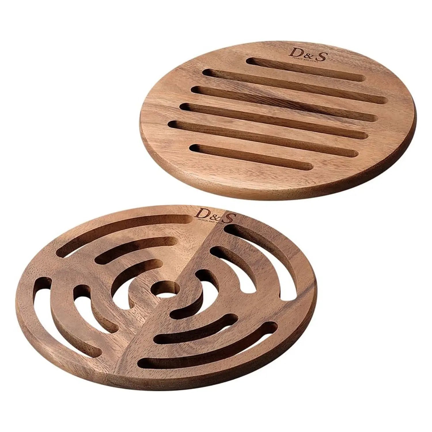 D&S Natural Wood Pot Mat Set of 2 - Heat Resistant Trivet for Kitchen, Dining Table, Countertop Protection - Perfect for Hot Pots, Pans, and Serving Dishes
