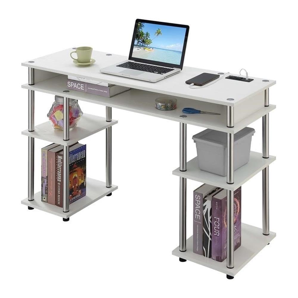Pemberly Row Modern White Wooden Student Desk with Built-in USB Charging Station - Perfect for Home Office, Study Room & Dormitory