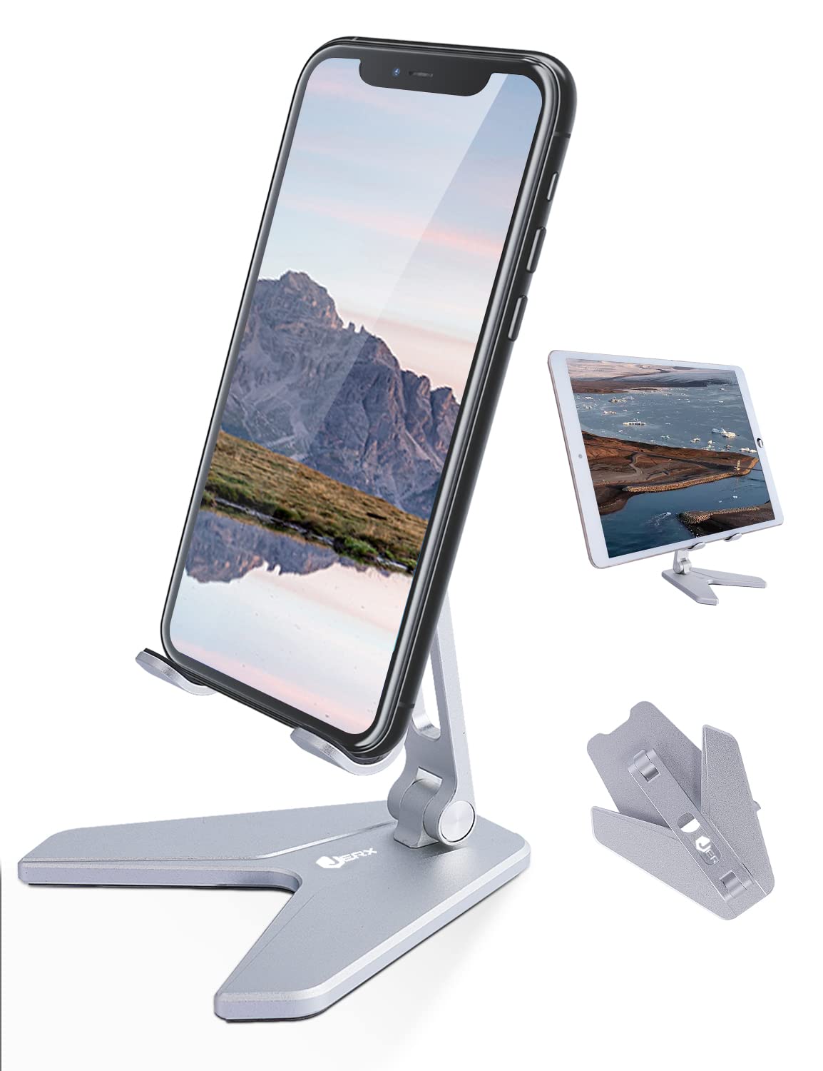 Adjustable Phone Stand for Desk - Universal Smartphone & Tablet Holder Compatible with iPhone, iPad, All 4-11 inch Mobile Devices (Silver) | Perfect for Home Office, Video Calls, Watching Movies & Hands-Free Viewing