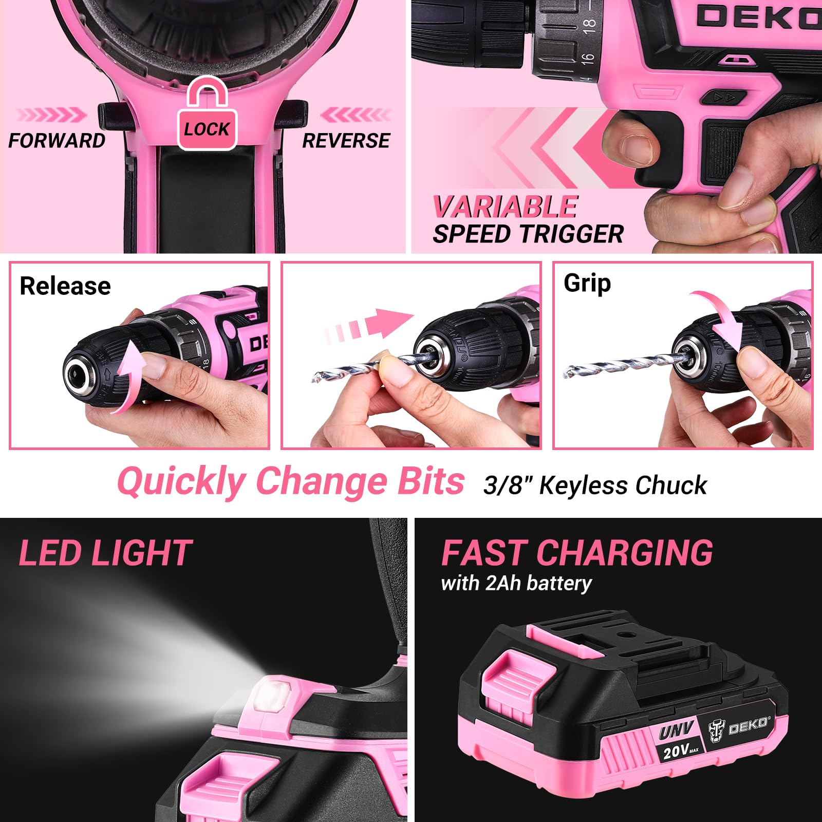 DEKOPRO 20V Cordless Drill Kit - Pink Power Drill Set with Battery, Electric Drill Driver, Toolbox & Accessories for Home Repair, DIY Projects, Woodworking & Handyman Tasks (DKMT186-GP)