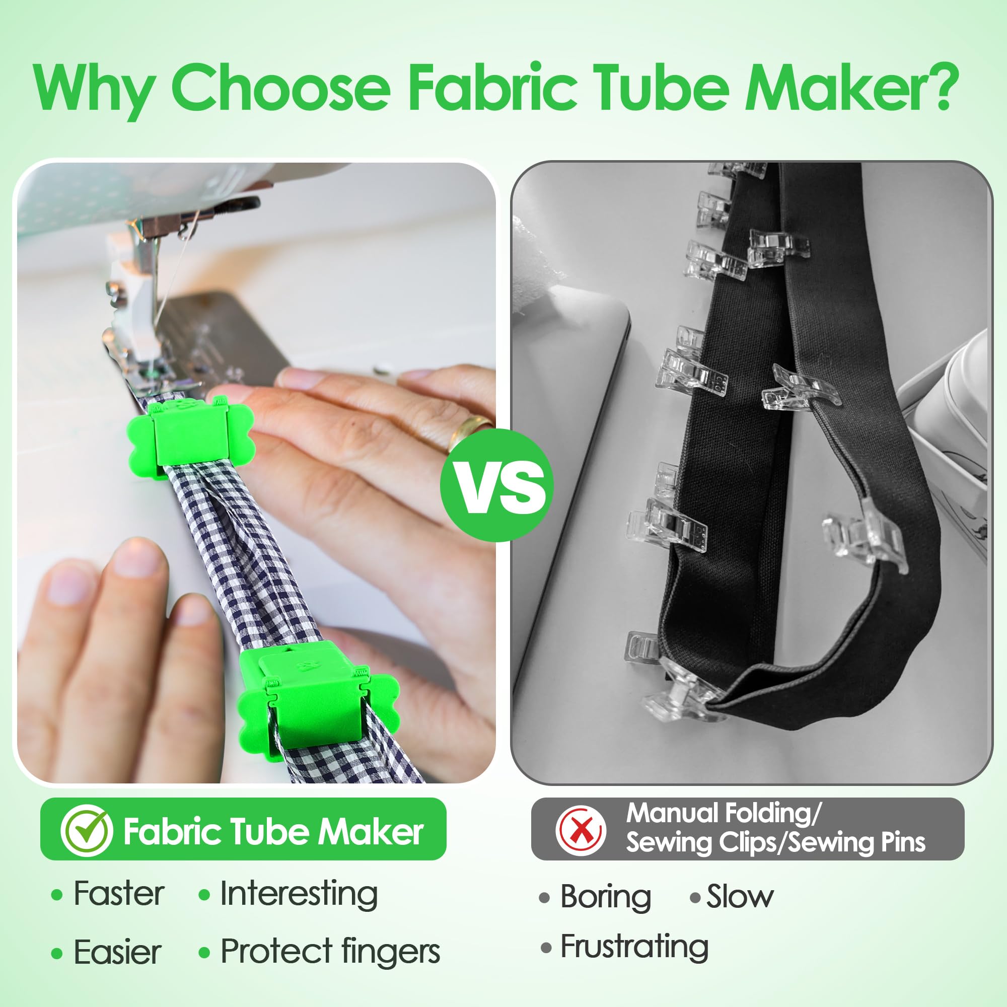 2 Pack Fabric Tube Maker for DIY Roll Rugs - Sewing Bias Tape Tool with Patented Design (Green) - Perfect for Crafting, Home Decor & Quilting Projects