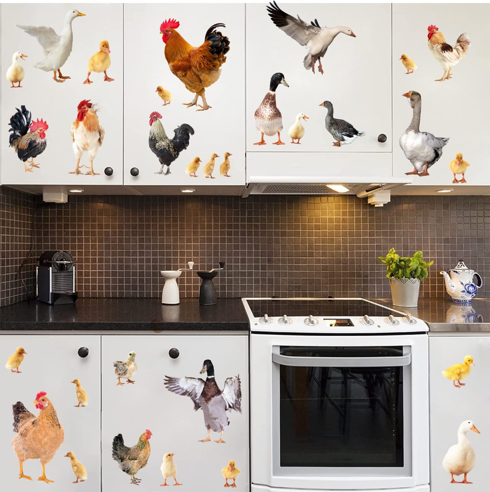 Funny Peel and Stick Chicken Rooster Wall Decals - Farm Animal Kitchen Wall Stickers for Cabinets, Doors & Windows - Cute Farmhouse Decor for Home, Nursery & Office