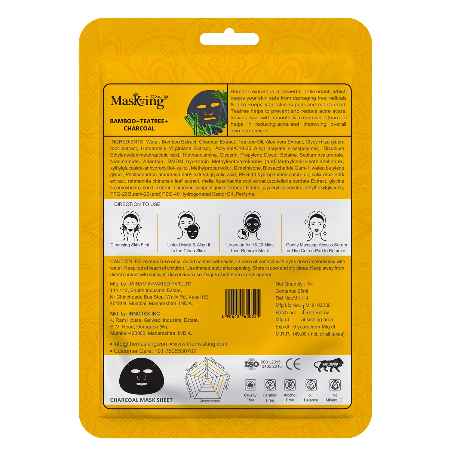 Masking Diva Charcoal Face Sheet Mask - Natural Bamboo & Tea Tree Facial Mask with Detoxifying Charcoal for Deep Cleansing, Anti-Aging & Skin Purification (Pack of 4) | Perfect for Spa Nights, Self-Care Routines & Glowing Skin