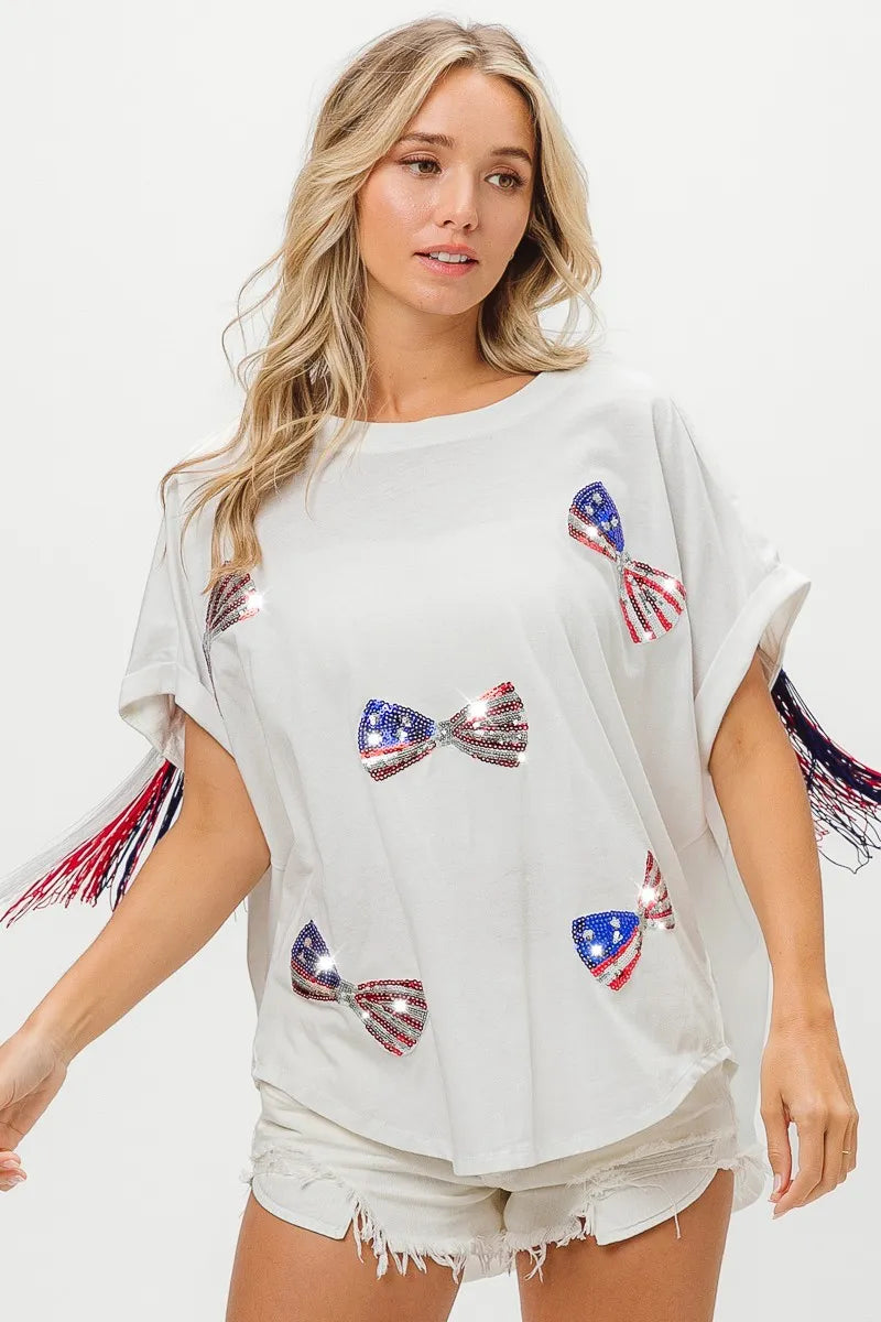 BiBi Patriotic American Flag Sequin Ribbon T-Shirt - Stylish USA Pride Top for Women, Perfect for 4th of July, Memorial Day & Independence Day Celebrations