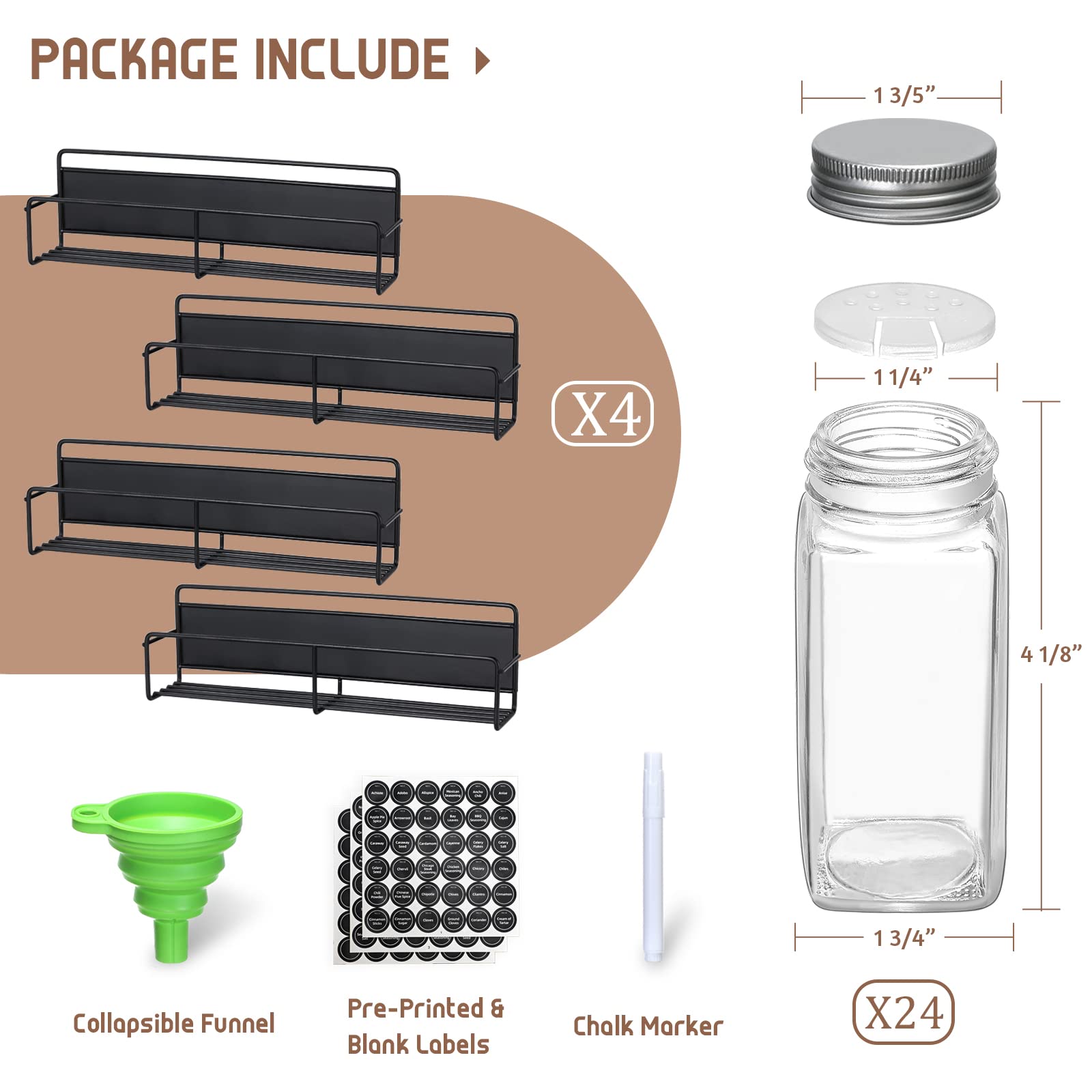 VITEVER 4-Pack Magnetic Spice Rack with 24 Square Glass Jars & Lids - Pre-Printed Labels, Funnel Included - Space Saving Spice Organizer for Kitchen, Refrigerator & Microwave - Perfect for Cooking, Baking & Meal Prep