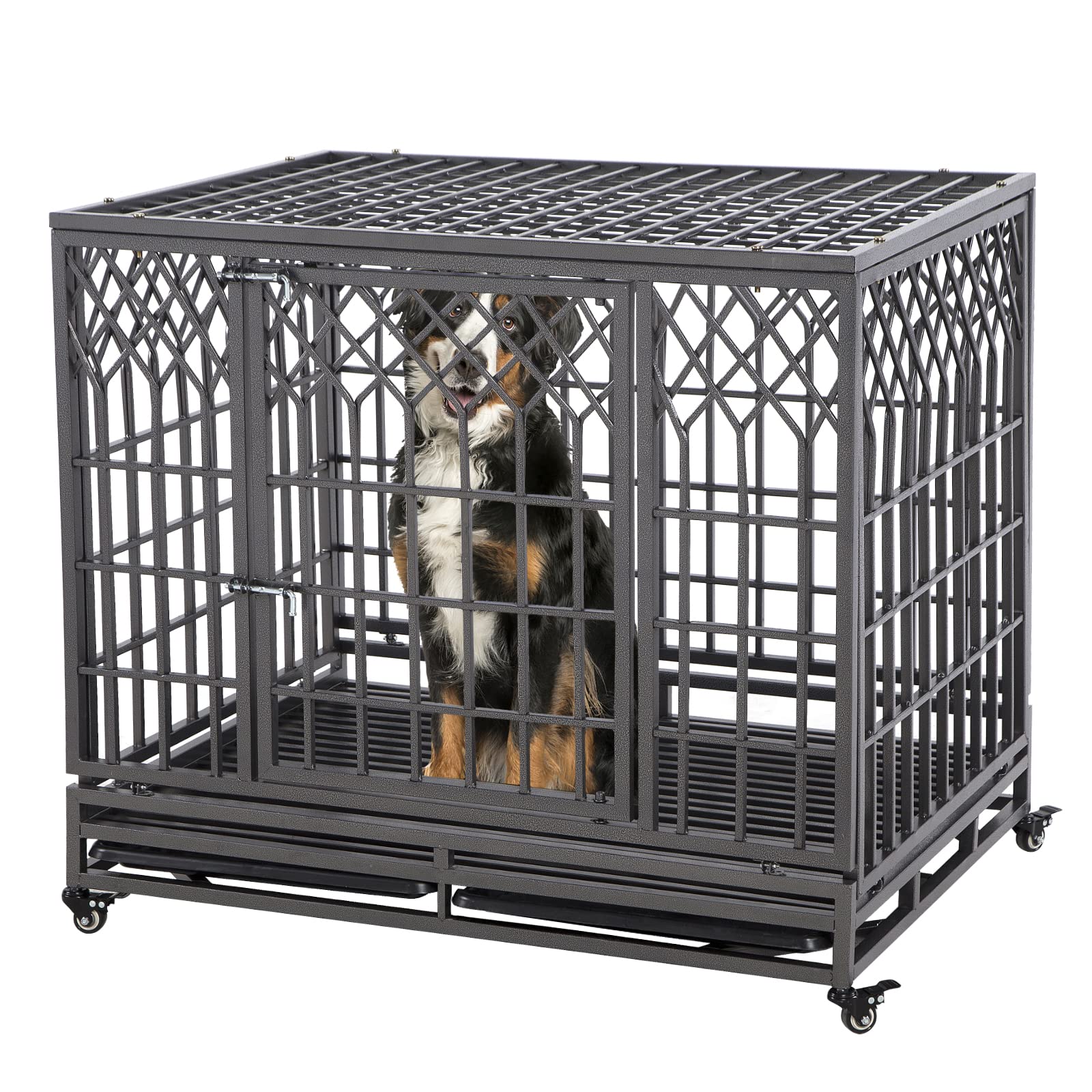 Heavy Duty 42'' Metal Dog Crate for Large Dogs - Escape Proof Dog Kennel with Wheels, Double Removable Tray & Latch Lock - Y Shape Dark Silver Pet Playpen - Perfect for Home, Travel & Veterinary Use