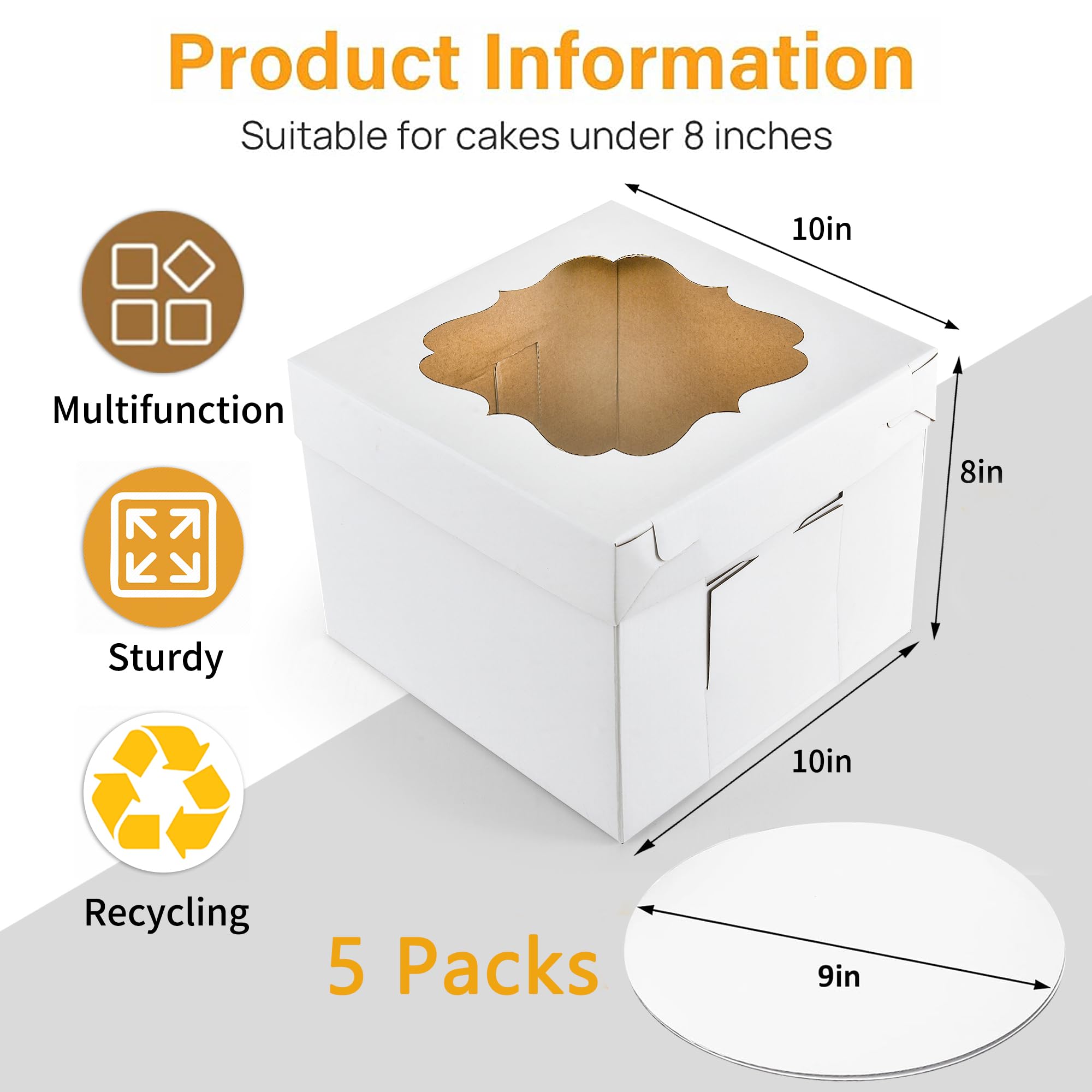 XININSUN 8x8x10 Inch Tiered Cake Boxes with Window & Sturdy Cake Boards - 5 Pack Tall Cake Carrier for Layer Cakes, Wedding, Birthday, and Party Dessert Display