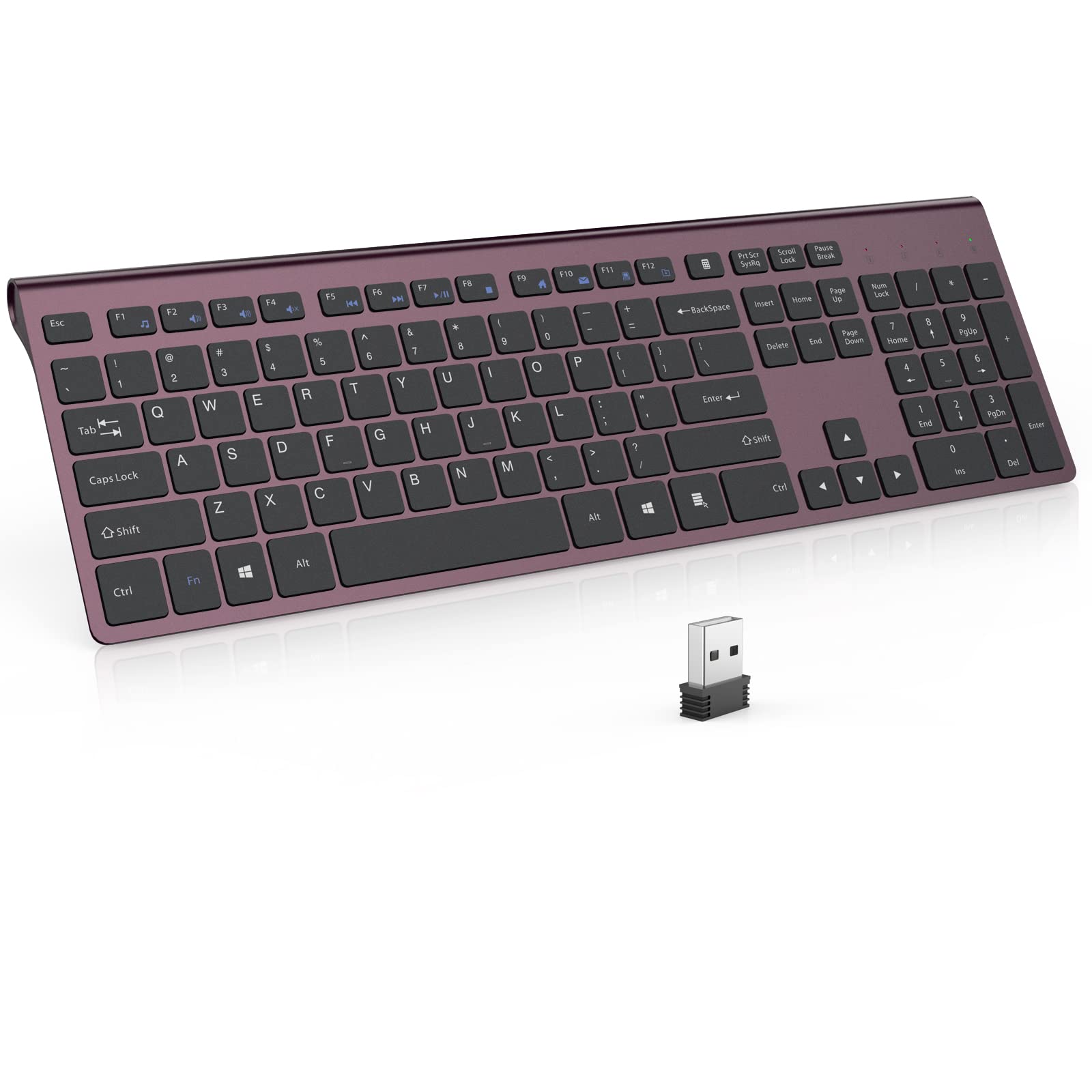 Rechargeable Wireless Keyboard - Silent Full Size with Numeric Pad for PC/Laptop/TV (Wine Red) - Home & Office Use
