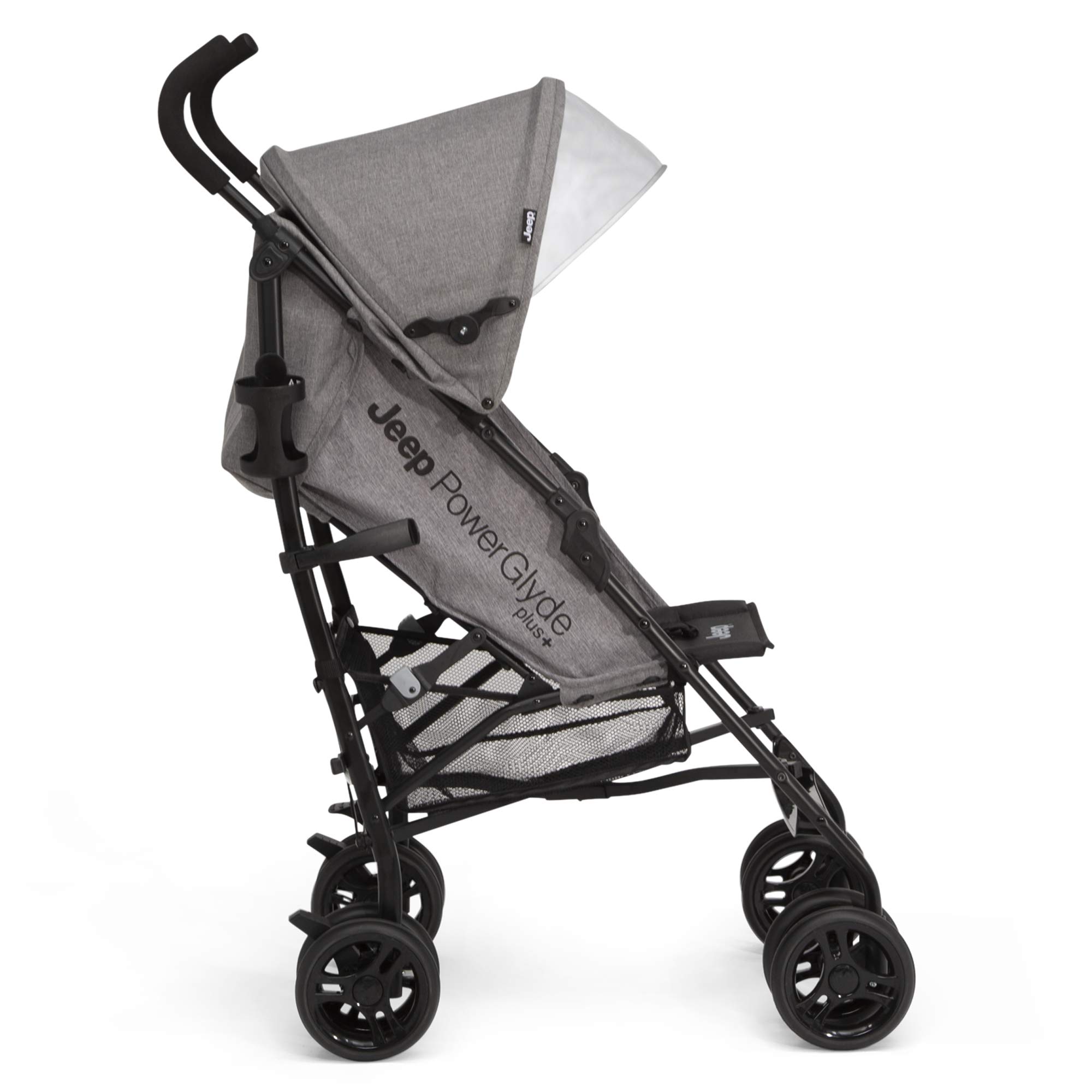 Delta Children Jeep PowerGlyde Plus Lightweight Travel Stroller - Smooth Ride, Aluminum Frame, 4-Position Recline, Extra Large Storage Basket, Grey | Perfect for City Walks, Shopping & Air Travel with Baby