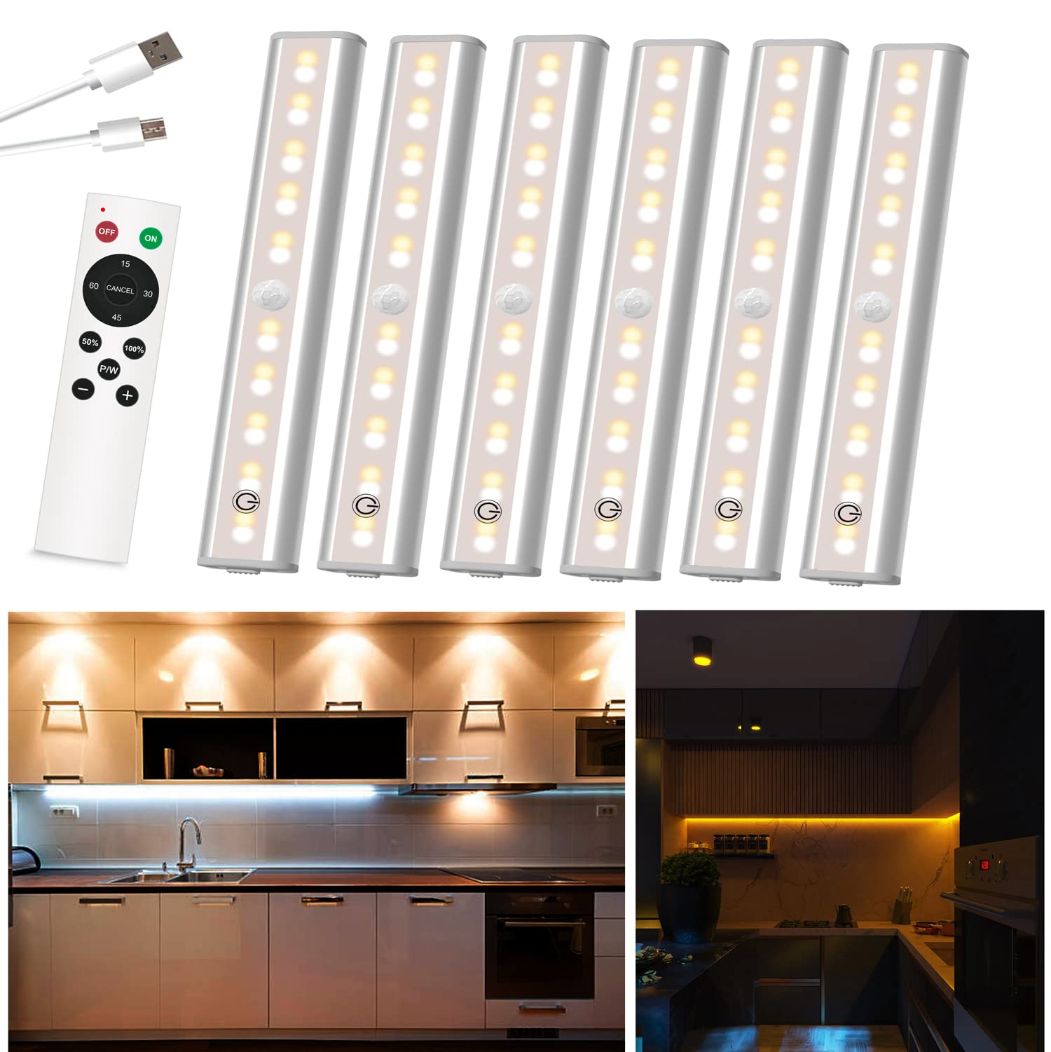 Yomart 6-Pack Under Cabinet LED Lighting Kit with Remote Control - Wireless, USB Rechargeable, Dimmable & Timer Function - 20-LED Touch Closet Lights for Kitchen, Pantry, Bedroom (3 Color Options) - Perfect for Countertop Illumination and Cabinet Organization