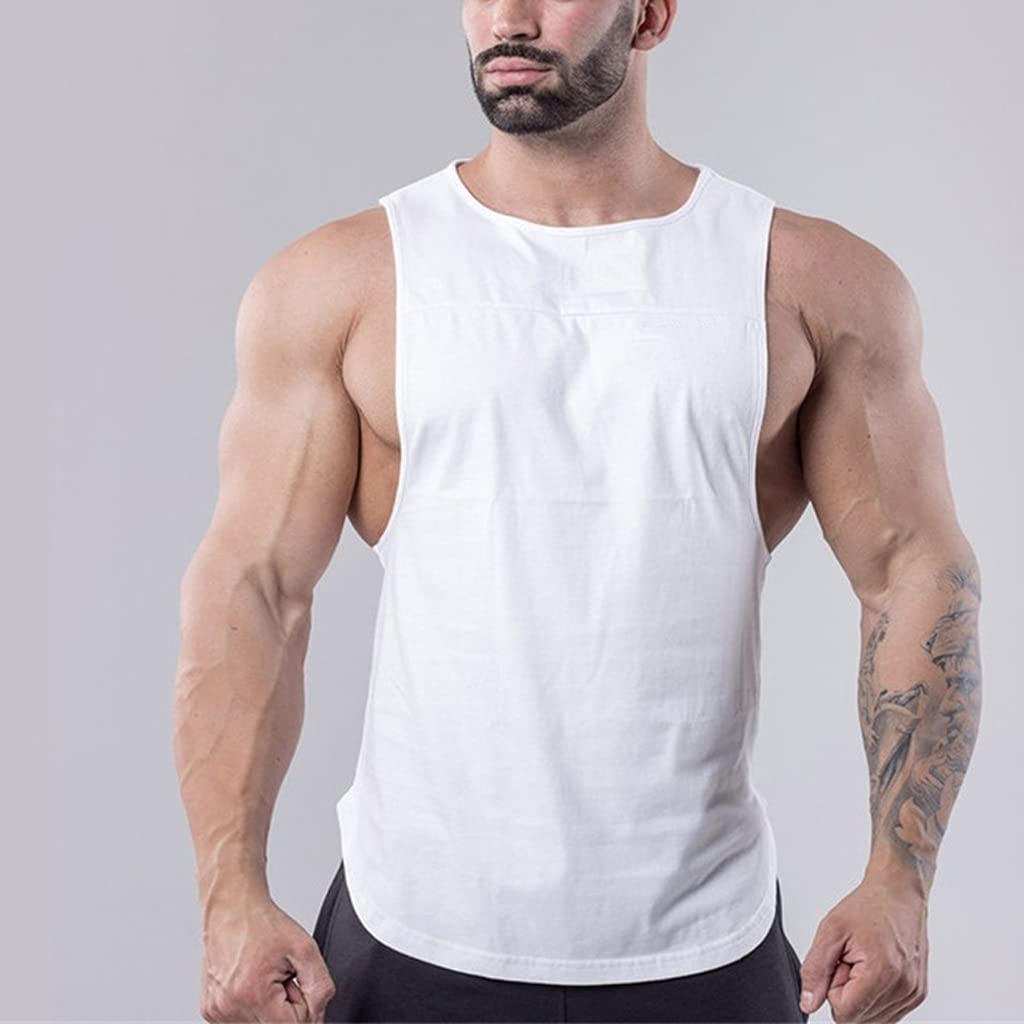 HTKLCZ Men's Workout Tank Top - Breathable Cotton Sleeveless Shirt for Gym, Bodybuilding & Summer Fitness - Stringer Singlet for Casual Wear (White, Size L) | Perfect for Weightlifting, Running & Outdoor Activities