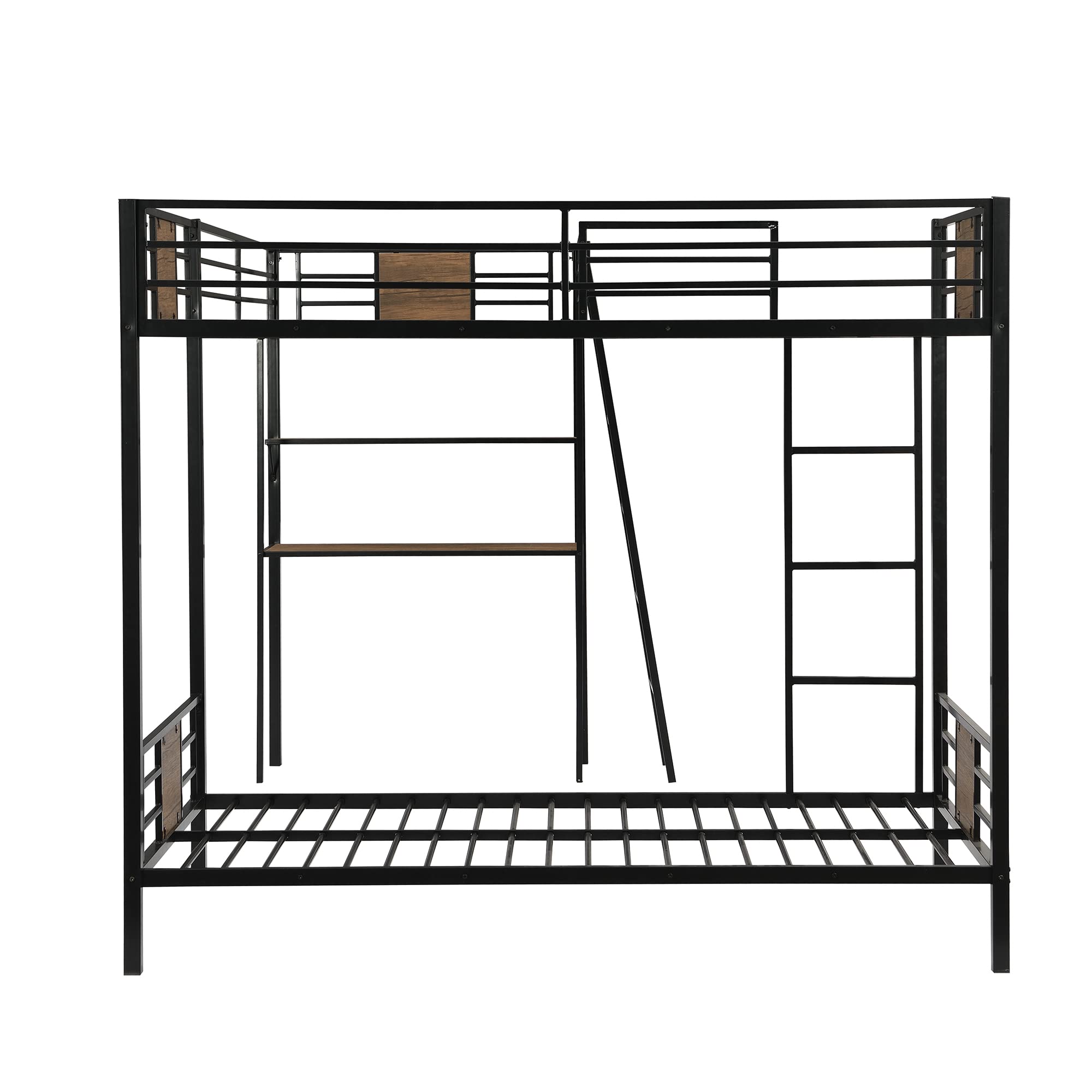 Harper & Bright Designs Metal Triple Bunk Bed with Desk - L-Shaped Twin Bunk Bed & High Loft Bed with Storage Shelves | Space-Saving 3-in-1 Bunk Bed for Kids & Teens (Boys & Girls) in Brown | Perfect for Small Bedrooms, Shared Kids Rooms & Vacation Homes