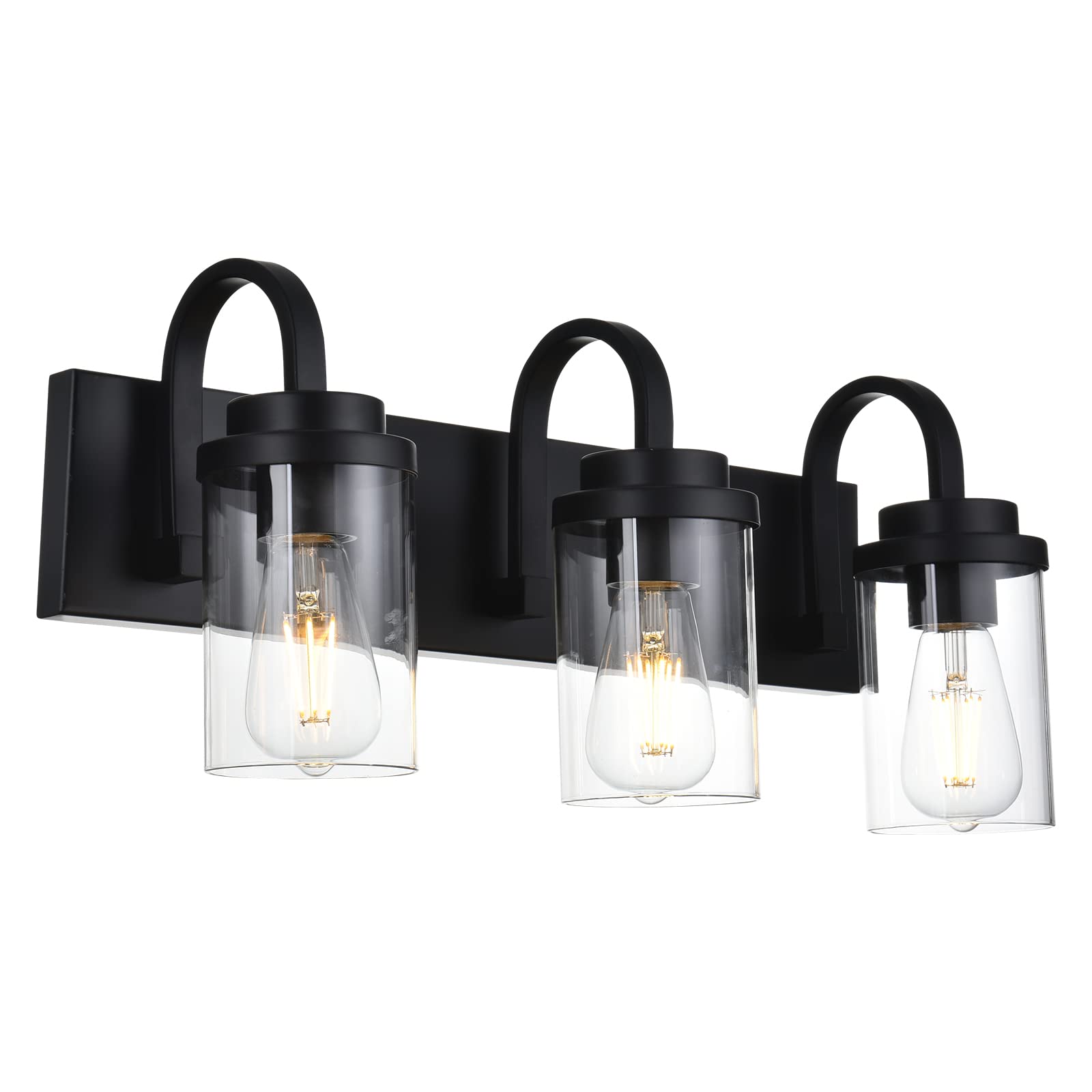 Vintage Edison Bathroom Vanity Light Fixture - 3-Light Matte Black Wall Sconce with Clear Glass Shade, E26 Socket - Perfect for Bathroom Mirror Lighting, Powder Room Decor & Vintage Home Interior Design