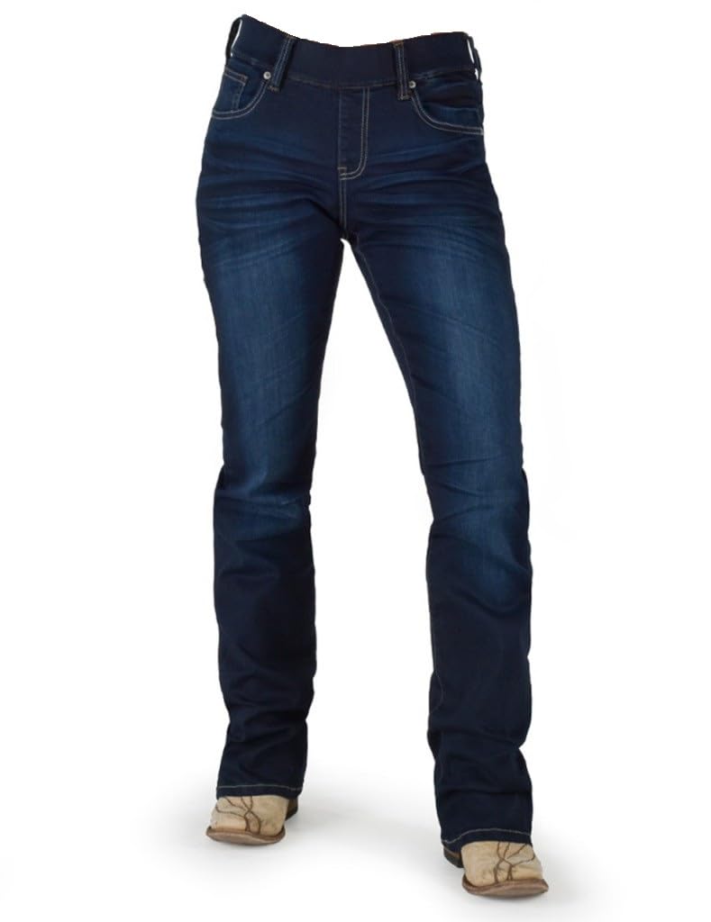 Cowgirl Tuff Western Jeans for Women - Shattered Pull On Dark Wash PULDRK | Comfortable Riding & Everyday Wear