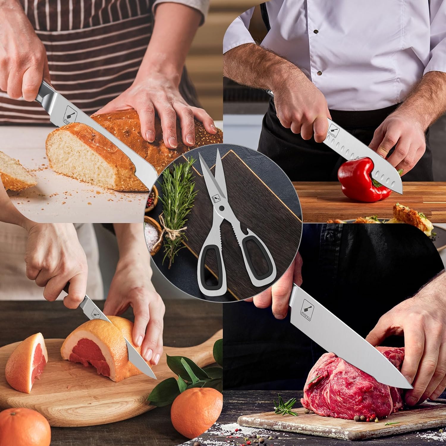 Imarku G14 14-Piece Japanese Stainless Steel Knife Set with Block & Built-in Sharpener - Ergonomic Non-Slip Handle, Dishwasher Safe - Perfect for Home Chefs, Cooking Enthusiasts & Kitchen Essentials (Great Gift for Weddings & Housewarmings)