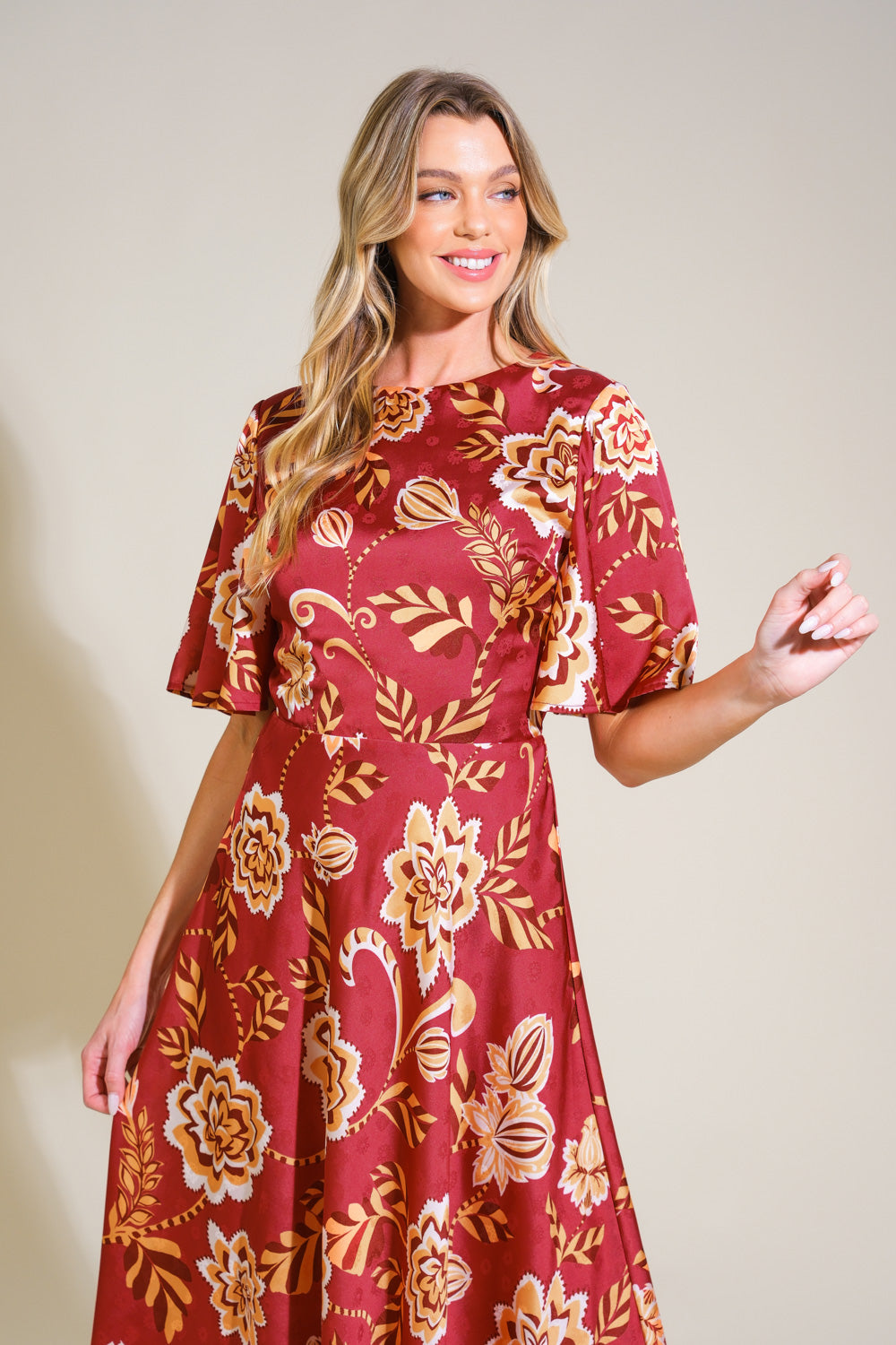 Elegant Cabernet Rose Burgundy Midi Dress for Women - Perfect for Weddings, Parties & Special Occasions