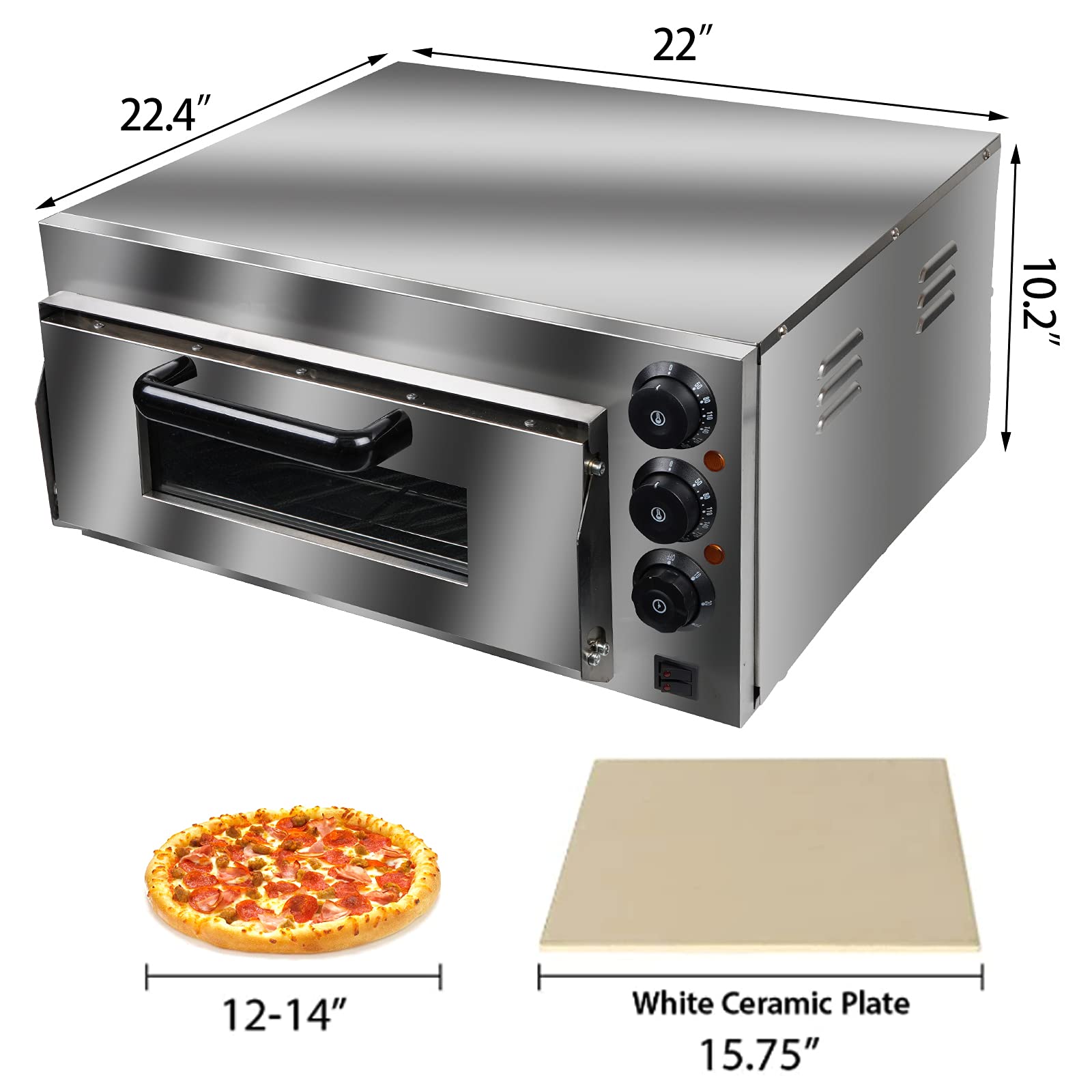 Commercial Electric Pizza Oven 16 Inch - 1400W Countertop Pizza Maker with 20L Capacity, Stainless Steel Single Deck Toaster & Broiler for Restaurant, Home & Bakery - Perfect for Pizzas, Snacks, Baking & Broiling