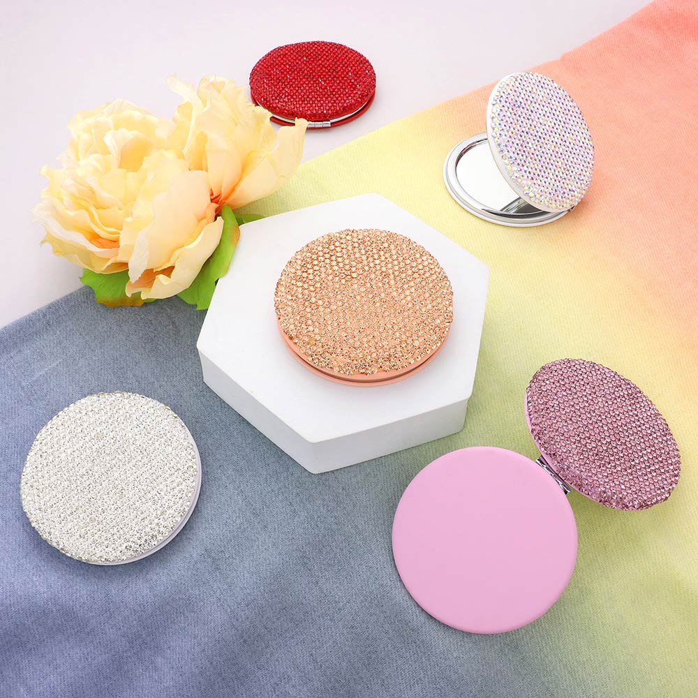 Sparkly Rhinestone Round Compact Mirror with Bling - Portable Makeup Mirror for Women & Girls - Perfect for Travel, Purse, and Vanity Use