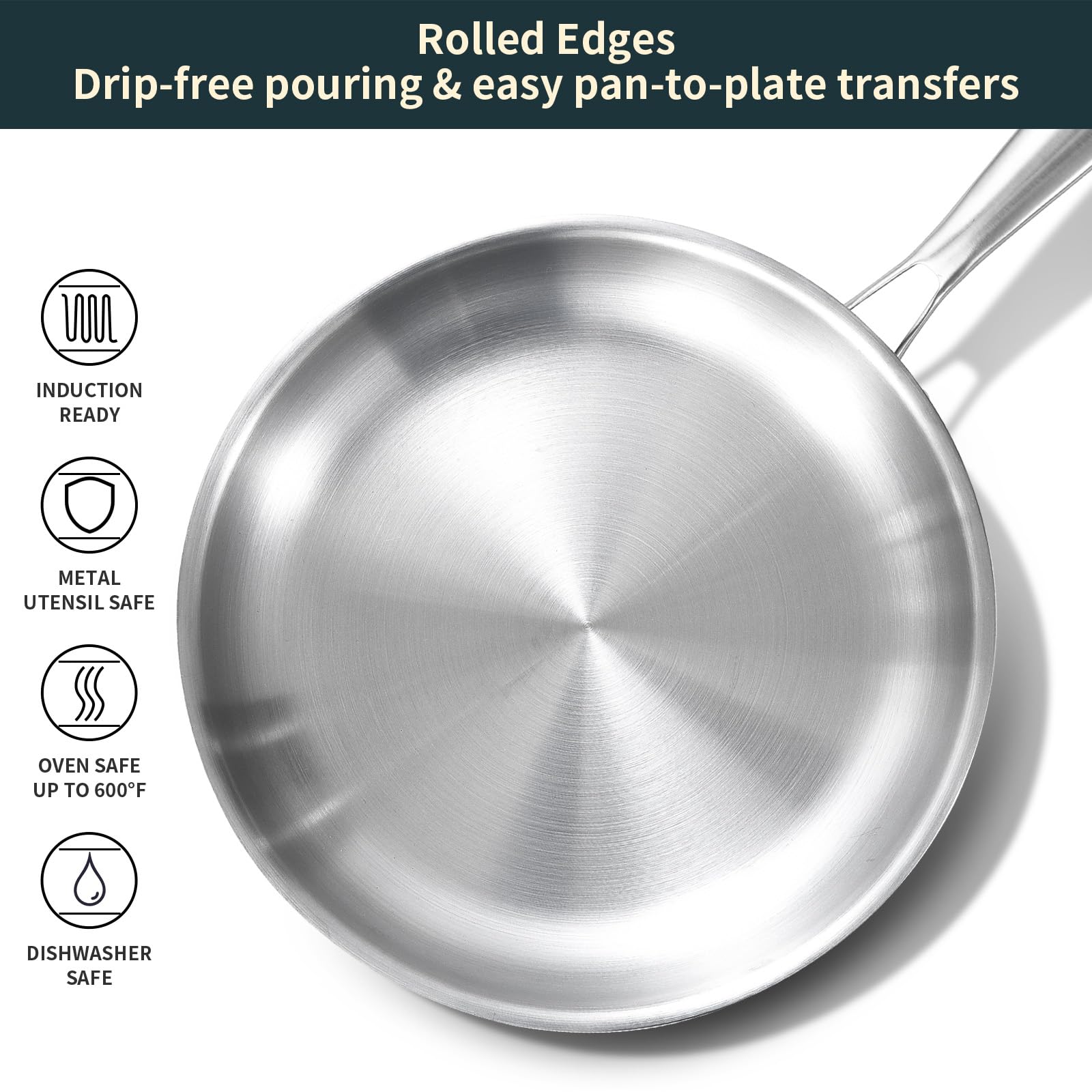 DELARLO 10-Inch Tri-Ply Stainless Steel Frying Pan - Professional Chef's Skillet for Induction, Gas & Electric Stoves - Oven & Broiler Safe Up to 600°F - Heavy Duty 18/10 Cooking Pan for Searing, Sautéing & Omelettes - Perfect for Home Kitchens & Restaurant Use