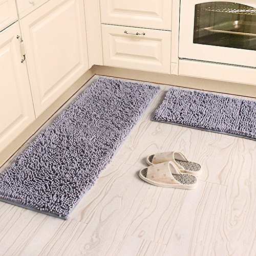 Premium Soft Microfiber Anti-Slip Bath & Kitchen Rug Set - 2-Piece Washable Chenille Shag Mats (50x80cm + 80x120cm) - Absorbent Floor Runner for Bathroom, Kitchen & Entryway - Gray Home Decor