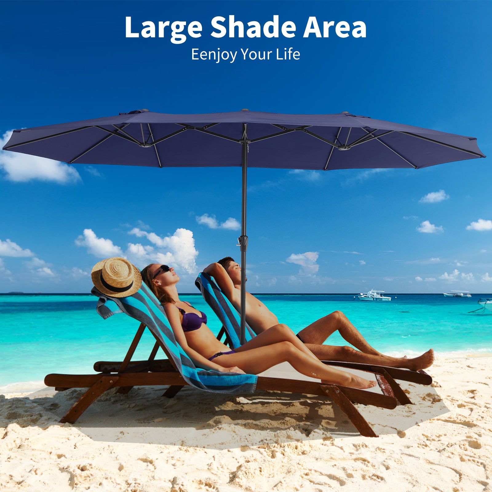 GARVEE 15x9 Ft Large Outdoor Patio Umbrella - Double Sided Rectangle Market Umbrella with Crank & Base - Navy Blue Sun Shade for Garden, Poolside, Backyard, Deck and Outdoor Dining Areas